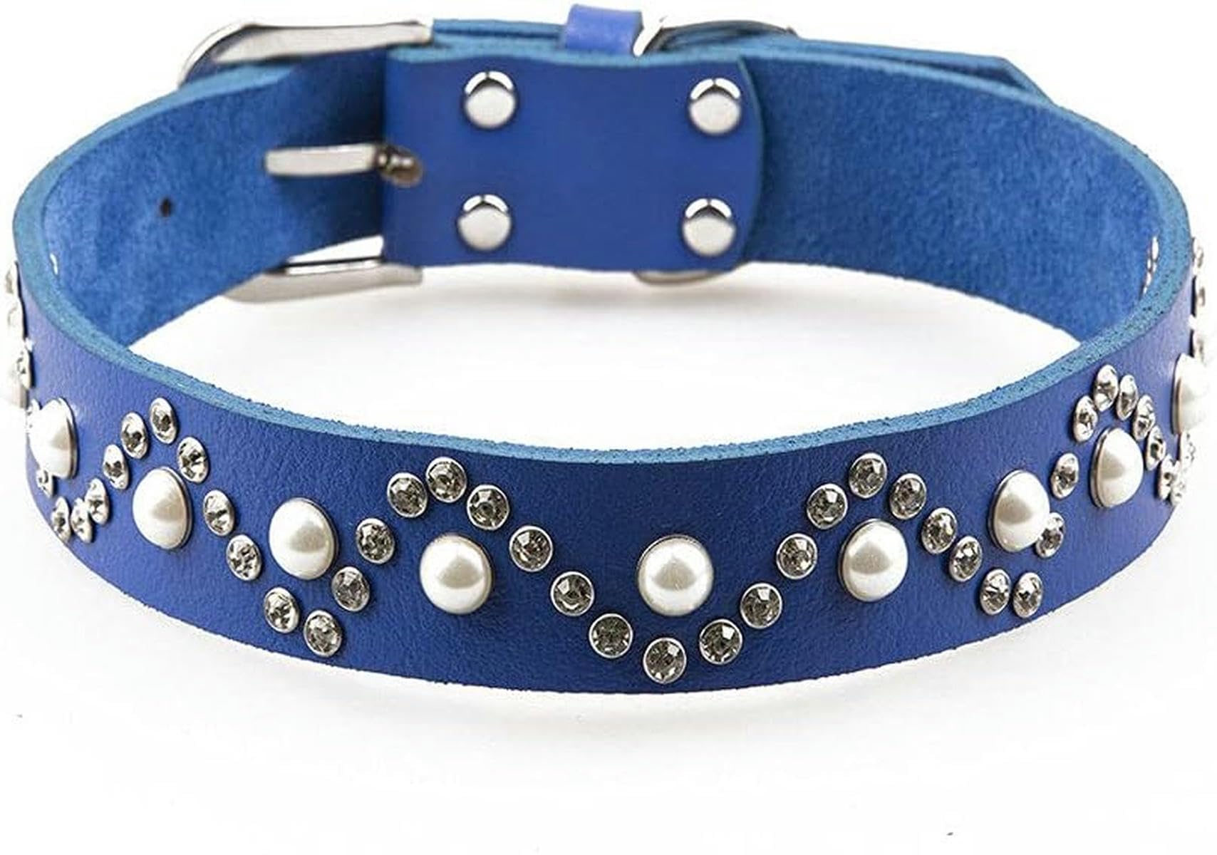 Hundehalsband aus Leder, Schmuck mit Perlen und Diamanten, besetzte Halskette, Haustierprodukte, Hundezubehör, Blau, L