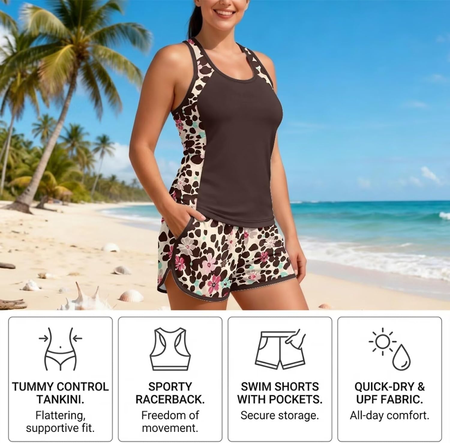 Blouson Tankini Swimsuits for Women 2 Piece Swimwear, Tummy Control Sporty with Pockets Boy Shorts