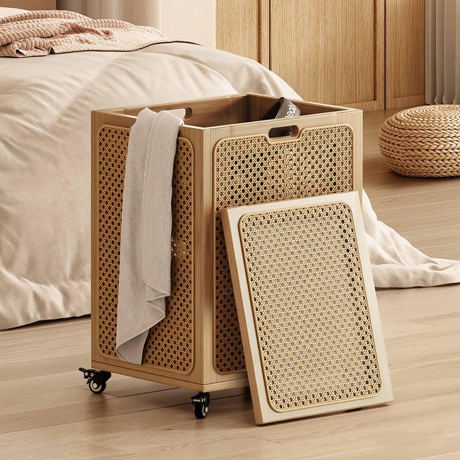Cesto Portabiancheria Sporca In Rattan Con Ruote Girevoli 360°