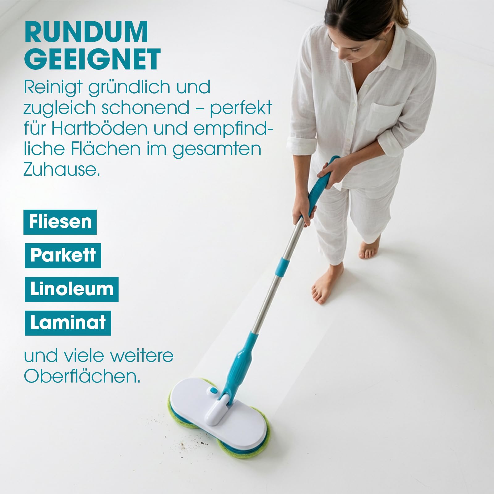 Hurricane Floating Mop Set - Akku Bodenwischer kabellos - Elektrischer Wischmopp zum Wischen, Schrubben, Polieren - Akkumop, Bodenreiniger rotierend inkl. 2 Mikrofaserpads, 2 Scheuerpads, 2 Polierpads