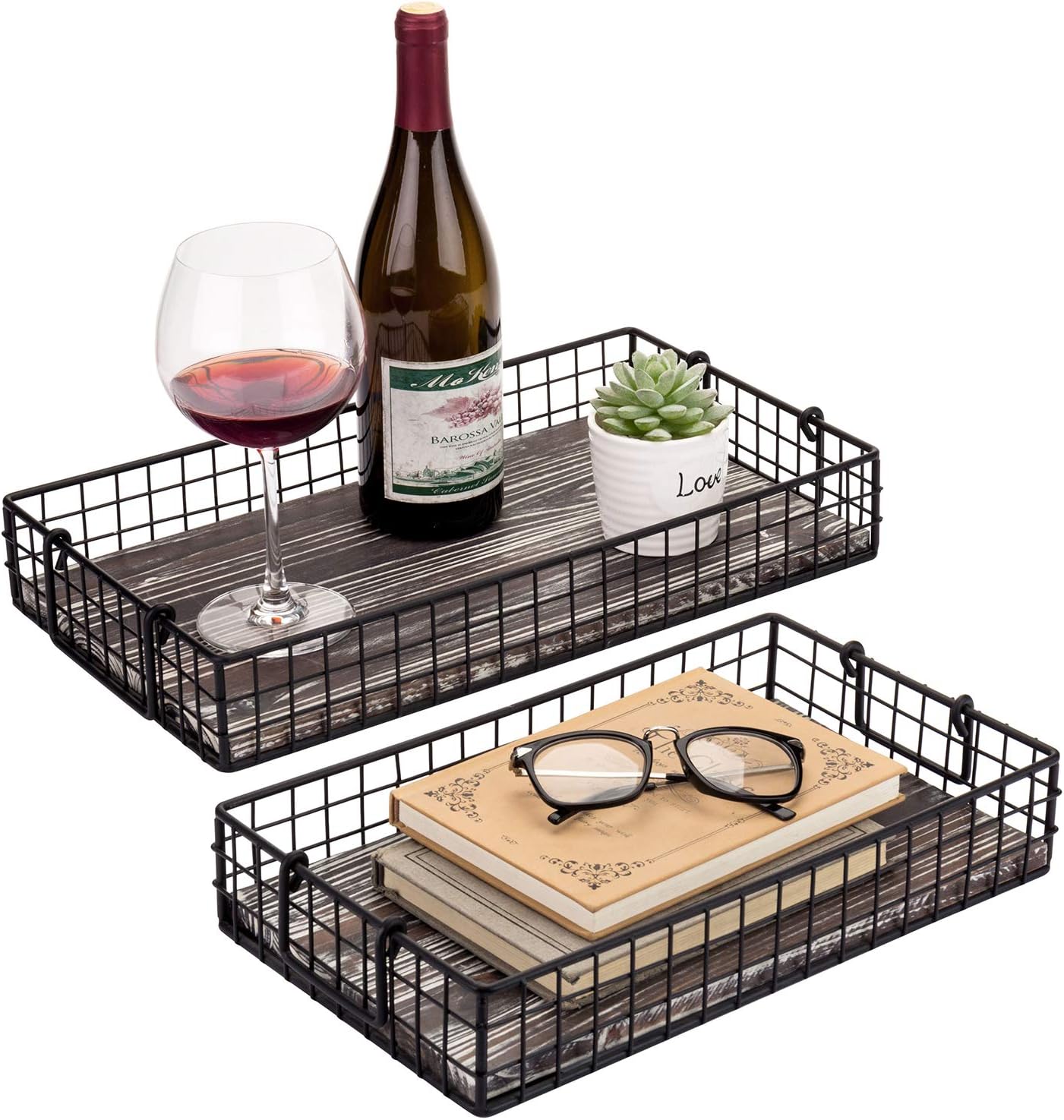 MyGift 16 and 14 Inch Large Nesting Countertop Storage Baskets with Handles, Rustic Torched Wood and Black Metal Wire Decorative Shelf Organizer Bins, 2 Piece Set