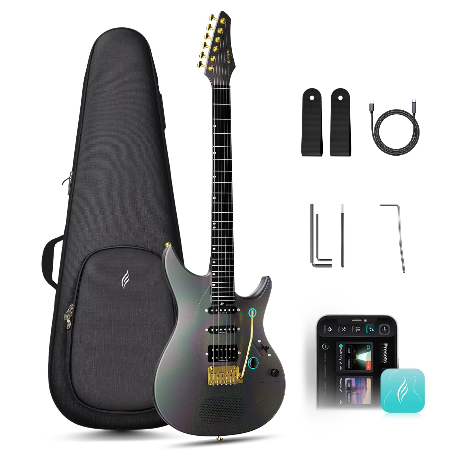 ENYA INSPIRE PRO AL Chitarra Elettrica con Pickup APEX LAB | Altoparlante 20W anti-larsen, corpo carbonio 39", 64 preset, looper, accordatore, barra tattile, per suono silenzioso e live.