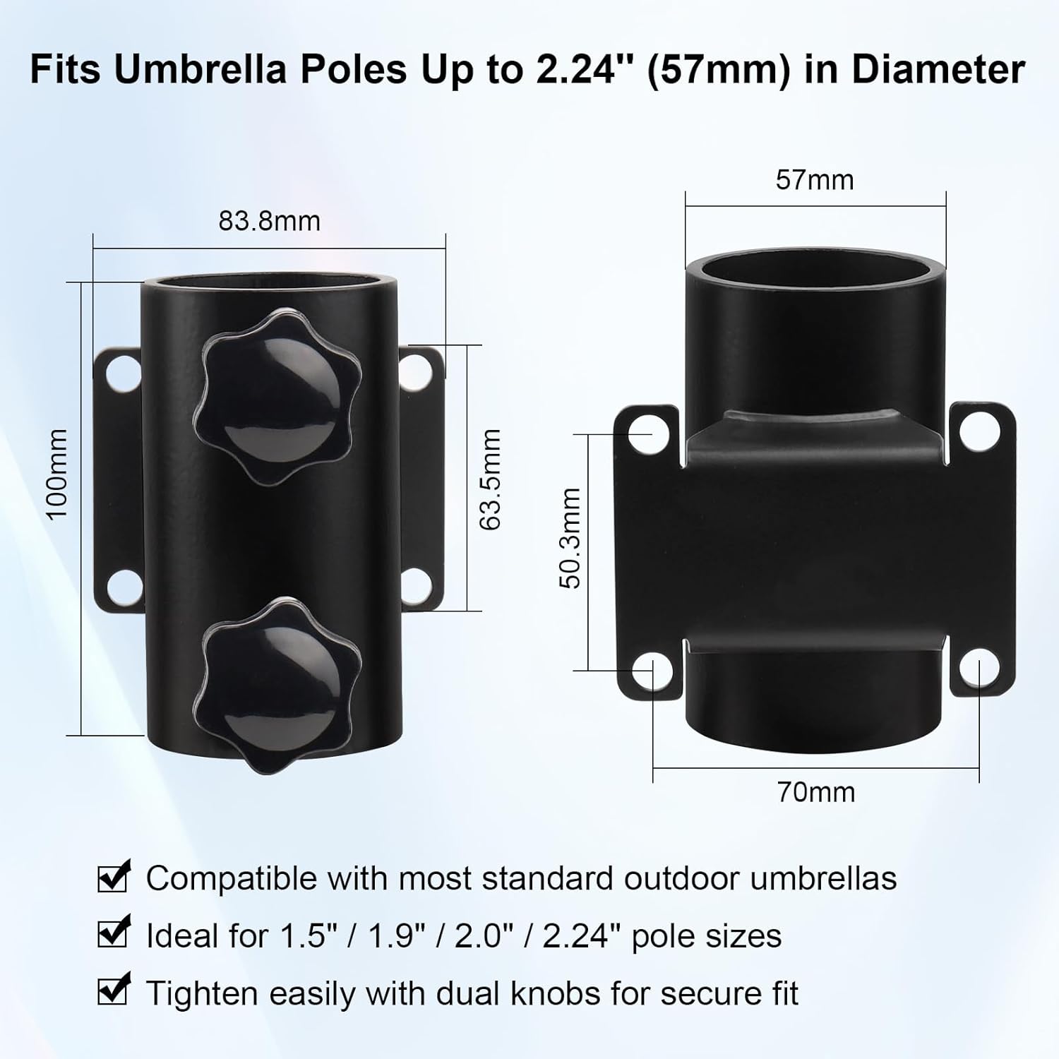 Patio Umbrella Holder for Deck and Fence – Heavy Duty Deck Railing Umbrella Holder, 4 Pack Black-Coated Steel Mount Brackets, Fits Poles Up to 2.24", Rust-Resistant, Easy Installation
