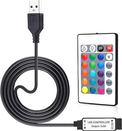 RGBZONE Controlador LED RGB USB de 5 V, control remoto inalámbrico IR de 24 teclas, controlador LED de 4 pines de 3.3 ft, controlador LED 5050 2835
