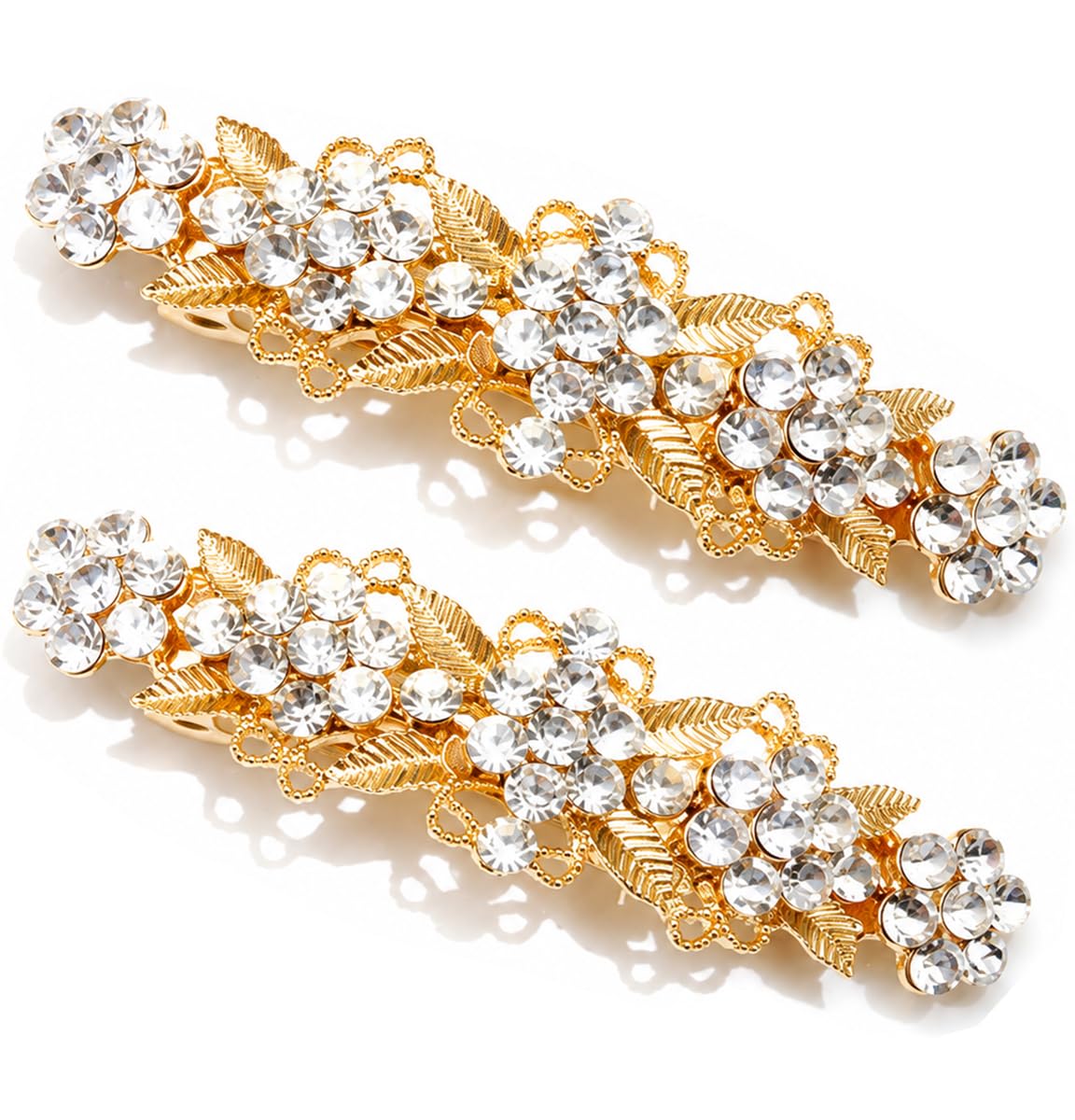 Rhinestone Hair Barrettes, Flower Hair Clips for Women, Decorative French Barrette Hair Pin for Wedding, Bridal, Prom, Party and Everyday Hairstyles (Pack 2, Gold Color_A)