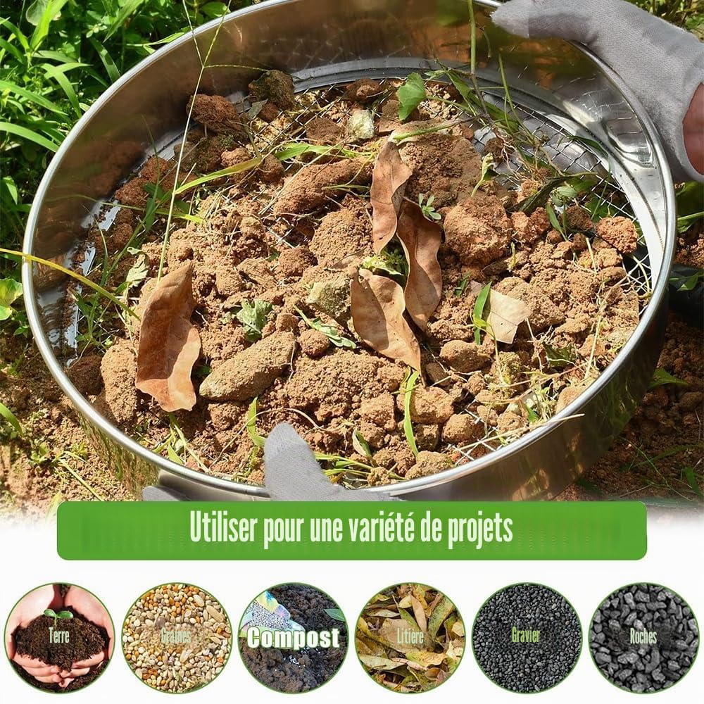 Tamis de Jardin en Acier Inoxydable,5 en1 Tamis Jardin Rond 30 cm,avec 5 Tamis Interchangeables Ø 3,6,9,10,12 mm,Tamis de Jardin Rond,Tamis à Compost pour Terre, Compost, Semences