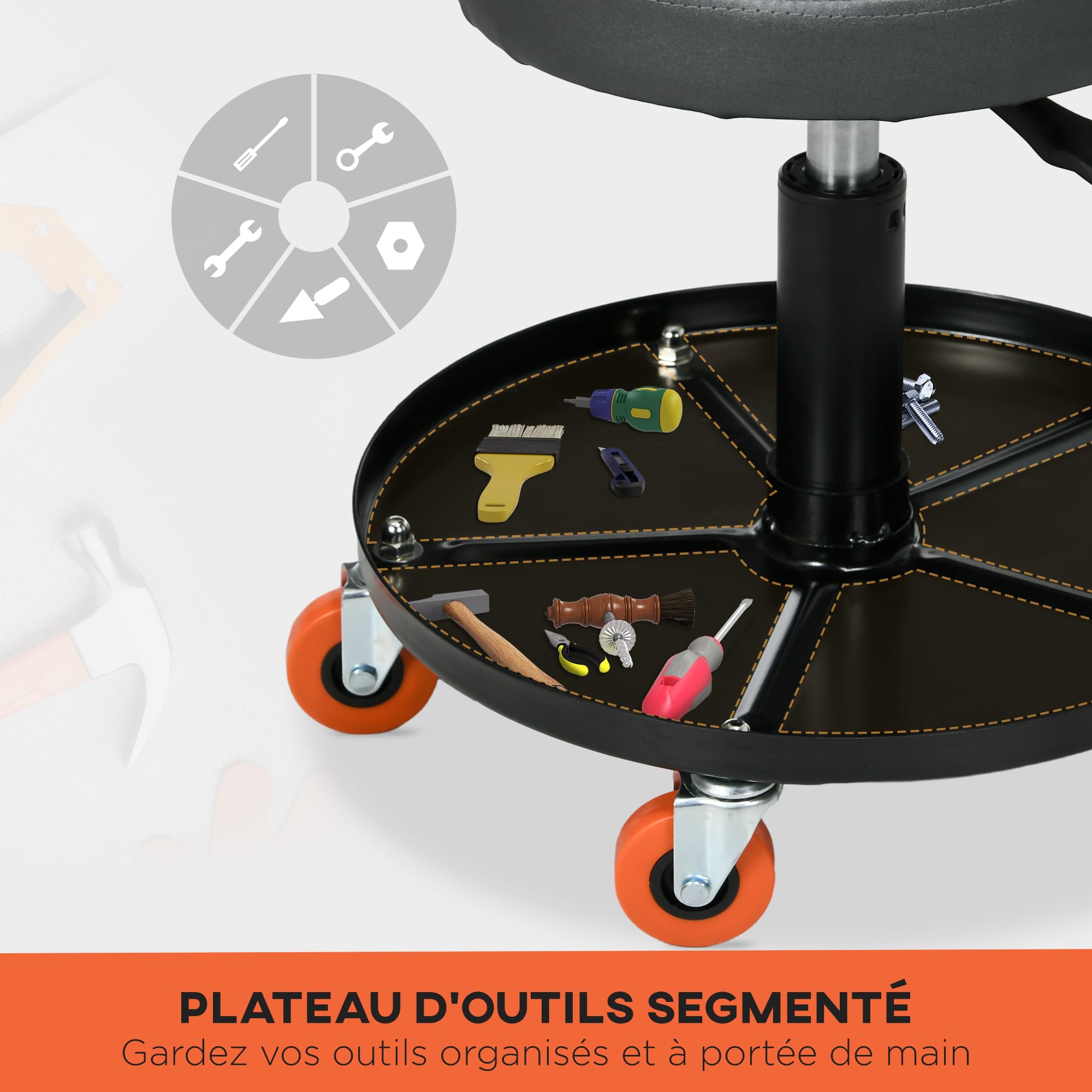 HOMCOM Tabouret de mécanicien, Hauteur Réglable, Siège Pivotant, Noir | Servante d'Atelier, Tabouret d'Atelier à Roulettes, Plateau de 100 kg, pour le Garage et la Réparation Automobile