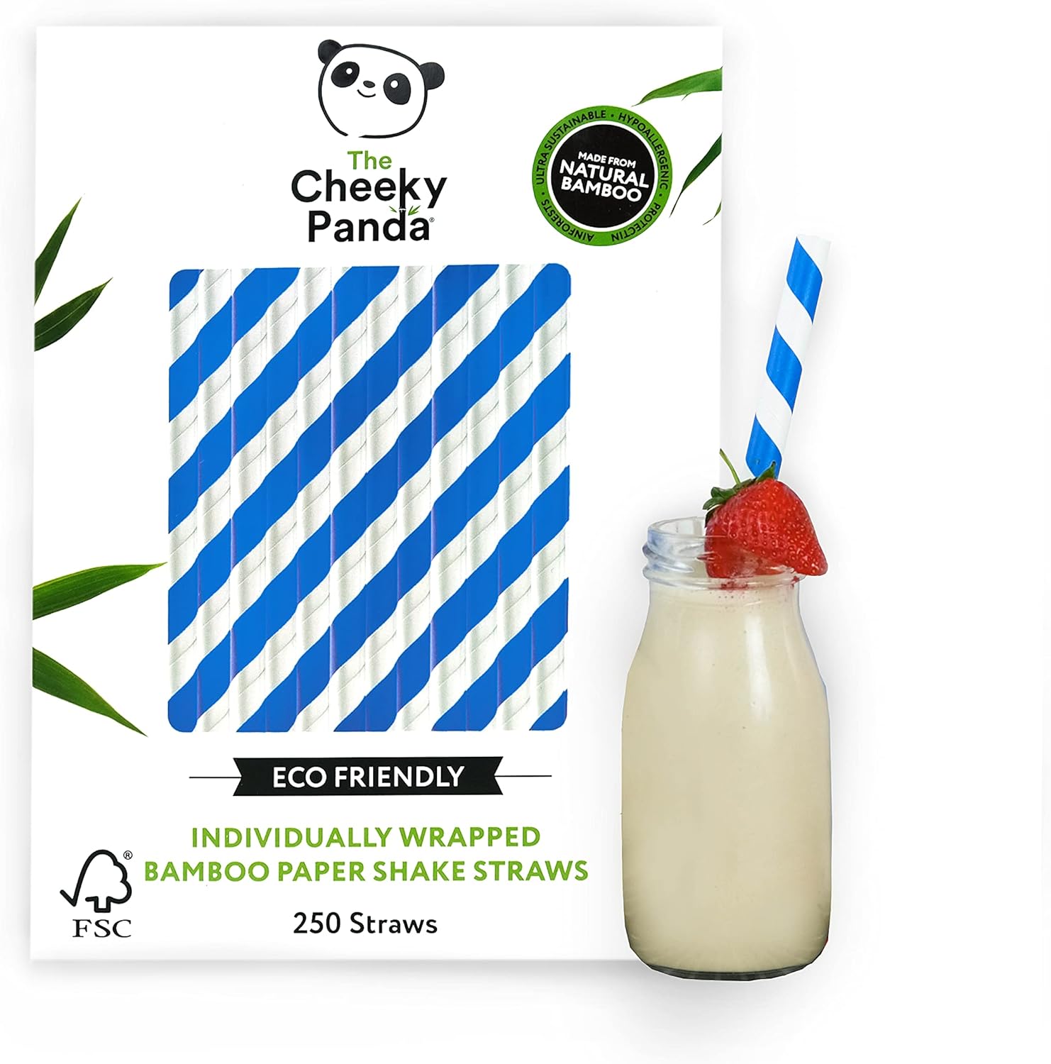The Cheeky Panda Bamboo Paper Bubble Tea Straws 250 Blue Striped Wide