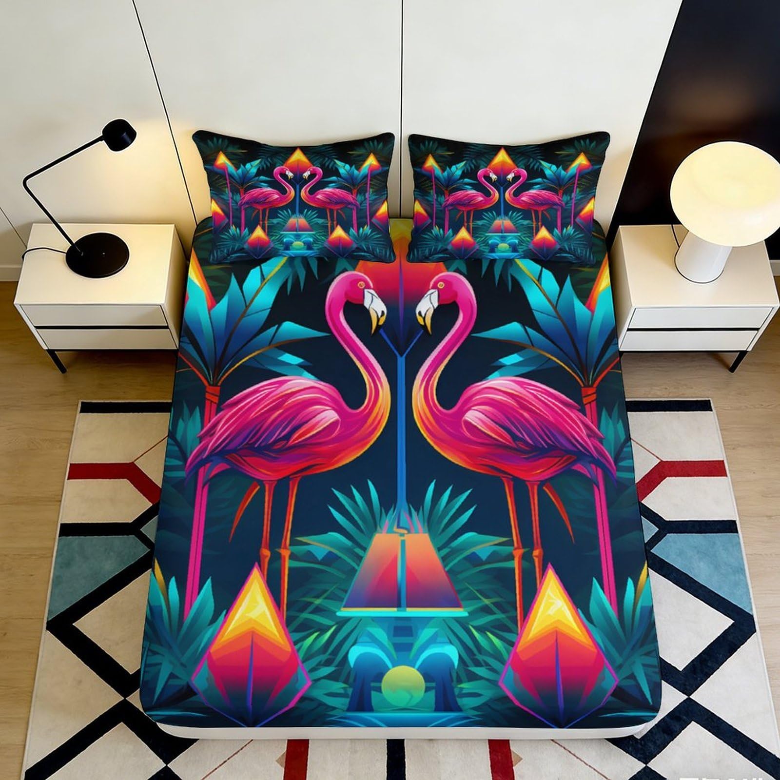 3D Printed Flamingo Tropical Leaves Fitted Sheet Microfiber Soft Breathable Neon Birds Bed Cover for Bedroom Dormitory Guest Room Mattress Protection 120x200x25cm