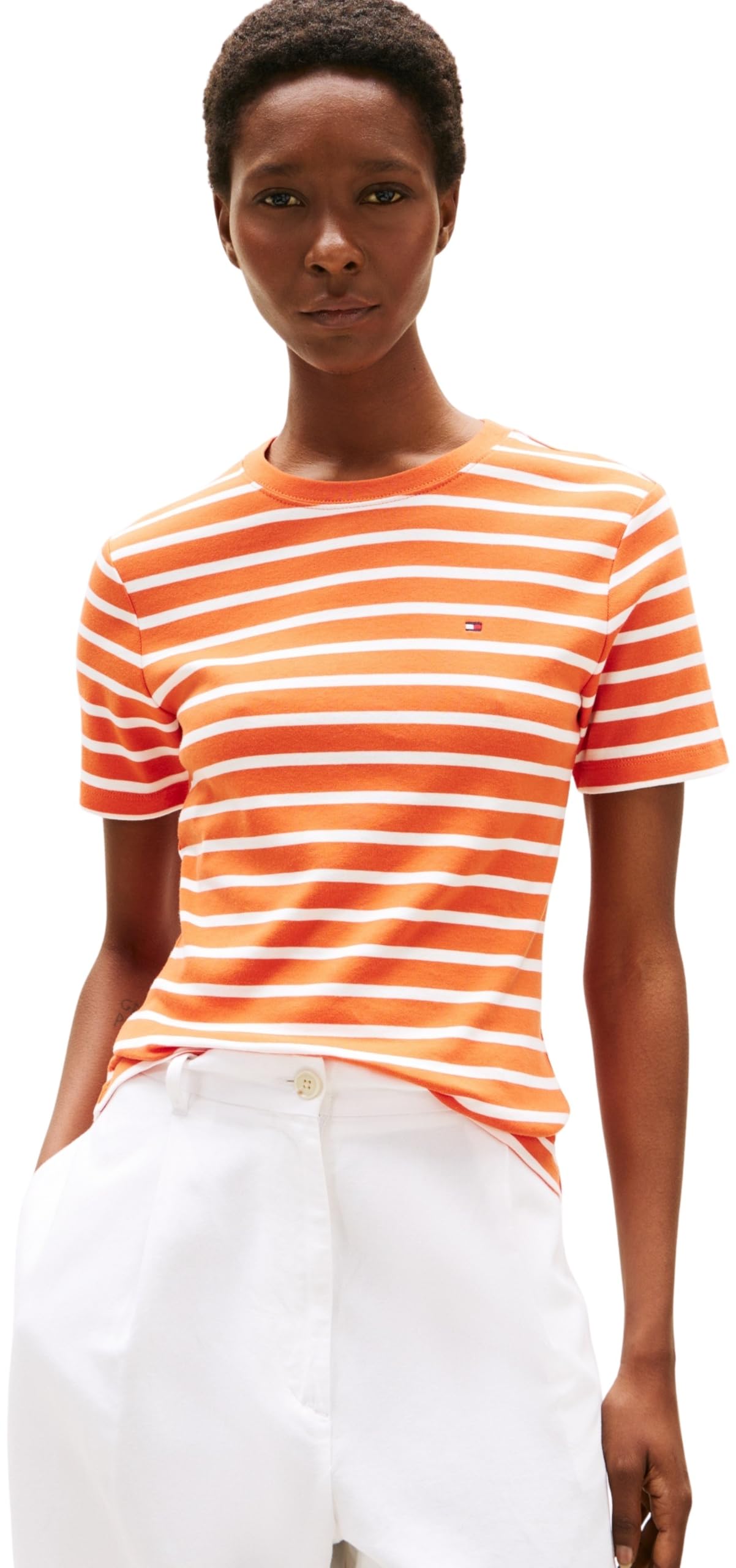 Tommy Hilfiger Women’s Short Sleeve Round Neck Slim Cody T-Shirt, Multicolor (Classic Breton Orange/ECU), XXL