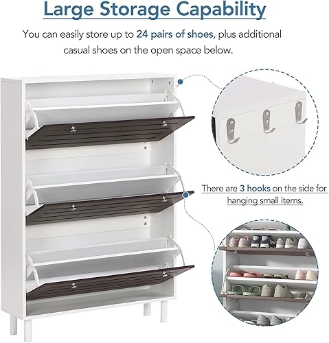 Vista 98 de Zapatero con 3 cajones abatibles para entrada, zapatero independiente con panel ajustable y ganchos para colgar, zapatero para pasillo, sala