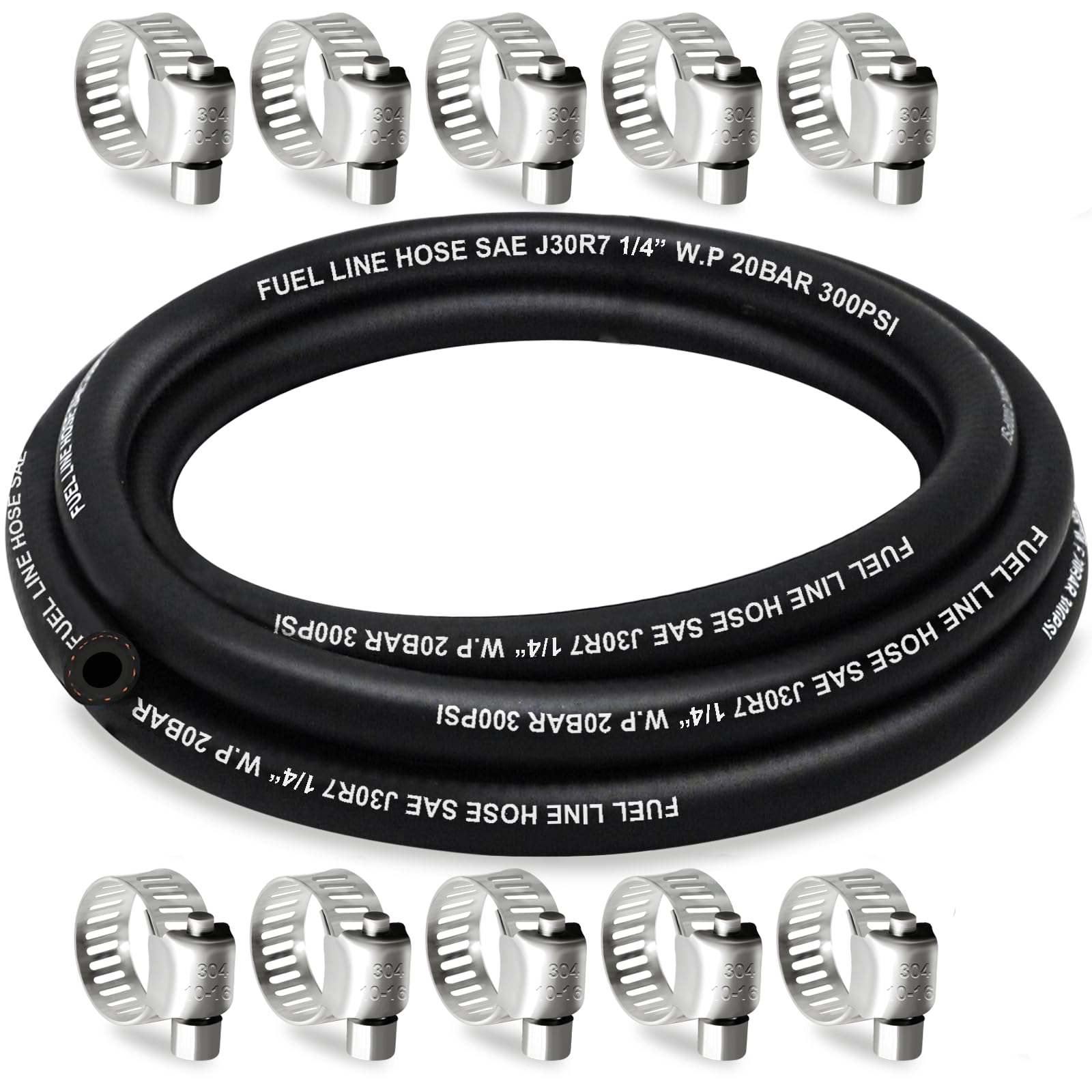 Fuel Line Hose 1/4 Inch ID, 10FT Fuel Hose, with 10 Clamps | 300PSI,NBR Material