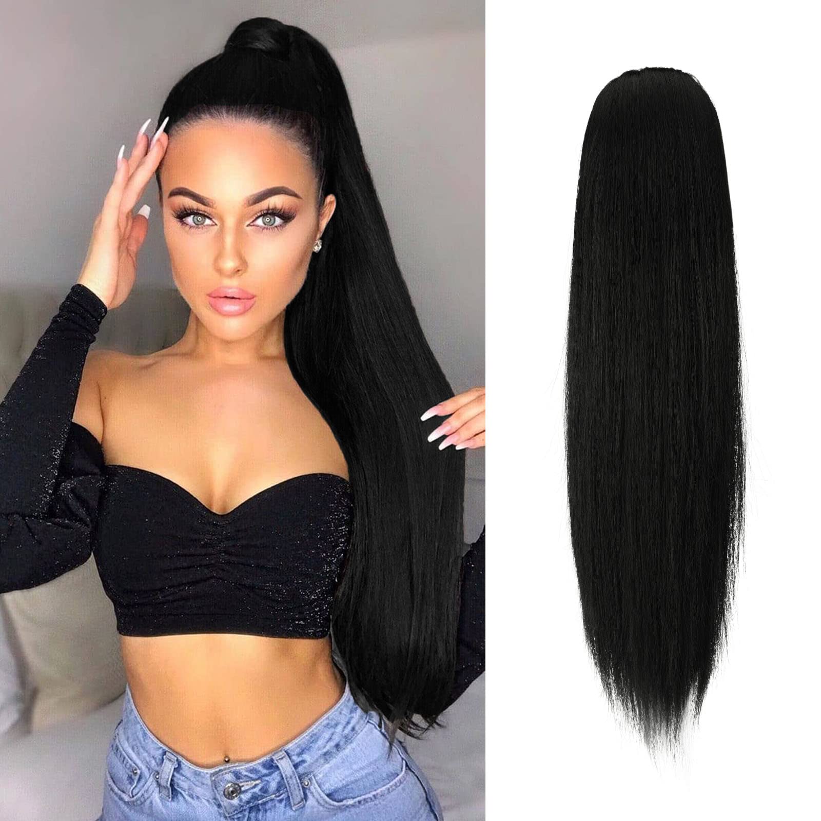 FESHFEN Straight Ponytail Extensions Long Drawstring Pony Tails Natural Synthetic Hairpiece Clip in Ponytails Hairpieces for Women, Natural Black 20 inch