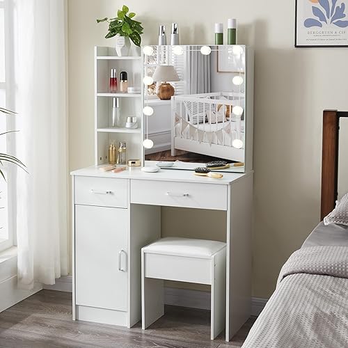 Miniatura 9 de Escritorio de tocador con espejo y luz, tocador de maquillaje grande con cajones y estantes abiertos, mesa de tocador con taburete acolchado, 3