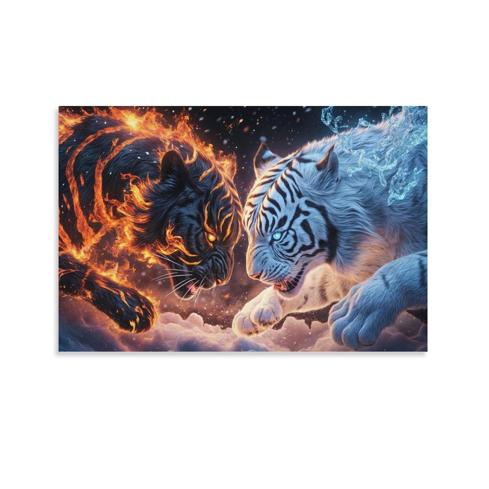 CPLVKWRQJ Tiger Single Piece Fire And Ice Tigers Art Framed Canvas Print - Bedroom Statement Piece Easy to Clean Ready to Hang 12x18inch(30x45cm)