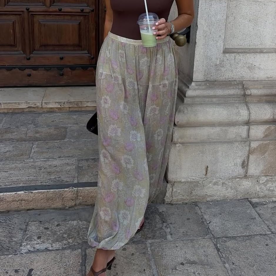 Floral Sheer Wide Leg Baggy Flared Summer Pants Y2k See Through Bell Bottom Pants Women2