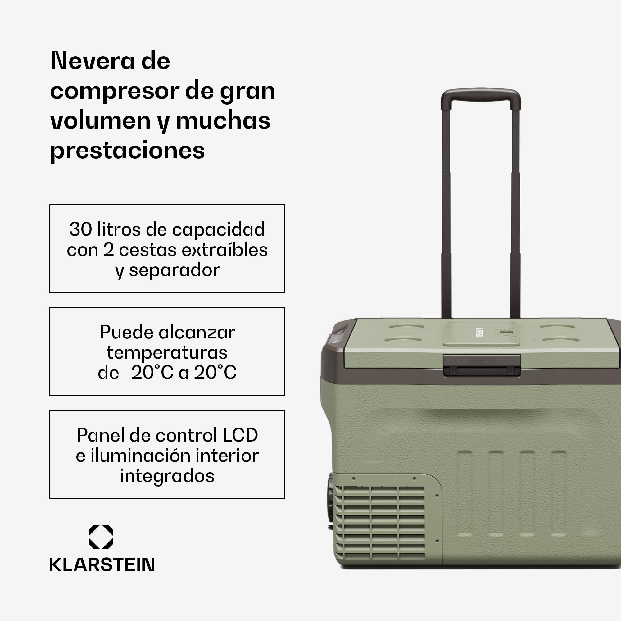 Klarstein PolarForce 30L Nevera portátil - Nevera portátil eléctrica con compresor, Panel LCD, -20°C a 20°C, Ruedas Todoterreno, Asas Dobles, Modo Eco, Ideal para Camping & Viajes, Freezer