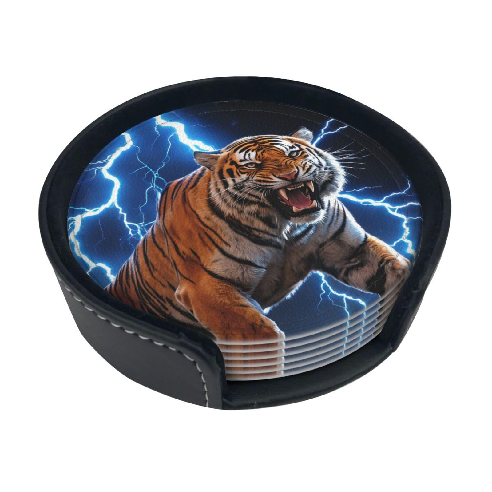 Roar Tiger Leather Coasters-Set of 6 with Storage Holder
