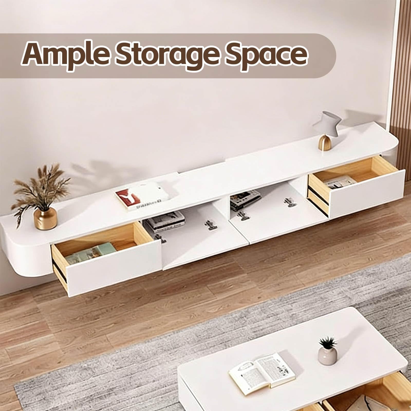 Moderner, schwimmender TV-Ständer – Wandmontierte TV-Schrankkonsole für Wohnzimmer/Schlafzimmer, 240 cm, schwarzer Aufbewahrungsschrank mit Türen, stilvolles Media-Center für Fernseher 120–300 cm