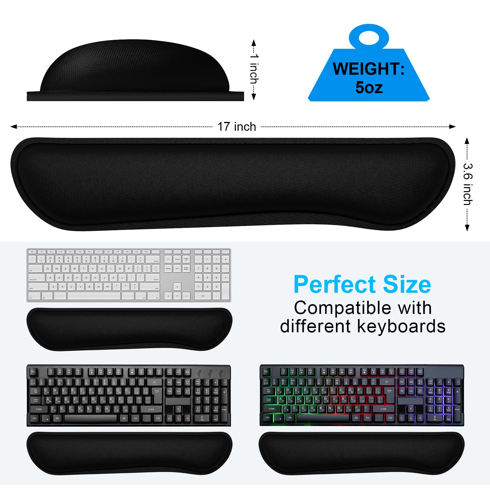 Dapesuom Vergrößern Tastatur-Handgelenkauflage, niedliches Memory-Foam-Tastatur-Handgelenkkissen für Computer-Schreibtischunterlagen, ergonomische Mauspads mit rutschfester für Laptop, Tiefschwarz