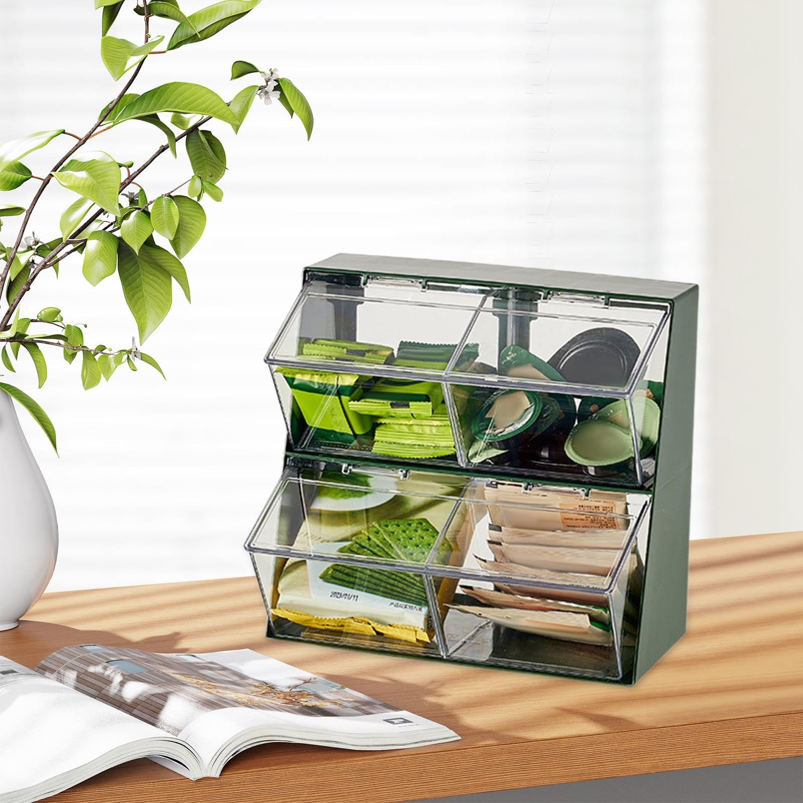 Caja Organizadora de Té Soporte para Café Condimentos Azúcar Y Sobres de Especias con Divisiones PP Resistente Adecuada para Cocina Dormitorio Baño de, Blanco, Individual