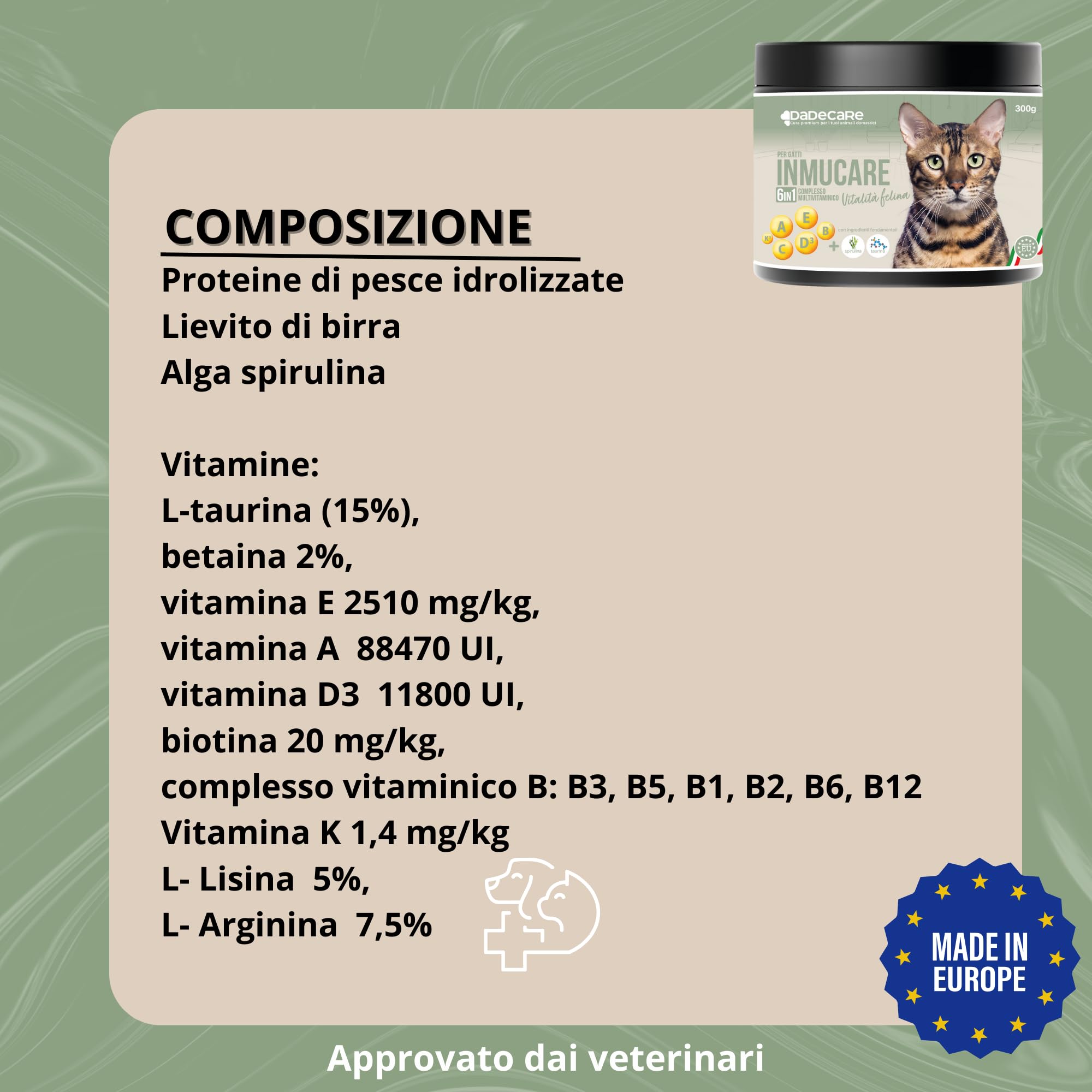Inmucare Vitaminico Polvere Gatti 300 gr per stimolare l'appetito, sostenere il recupero in convalescenza e ridurre lo stress, aiuta nella perdita di appetito e fasi di debolezza
