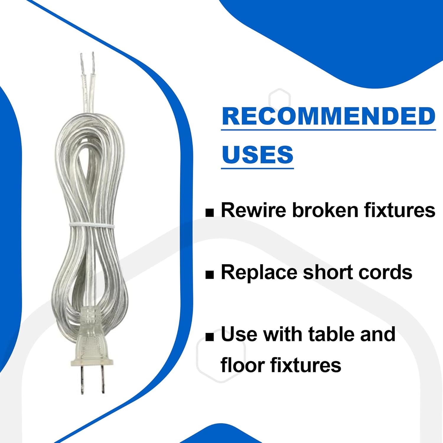 Ciata Lamp Wire, 8ft Lamp Cord with Polarized Molded Two-Prong Plug for Table and Floor Light Fixtures, Stripped Ends, Easy and DIY Installation, UL Listed, 105° Heat Resistance Rating, Silver Finish