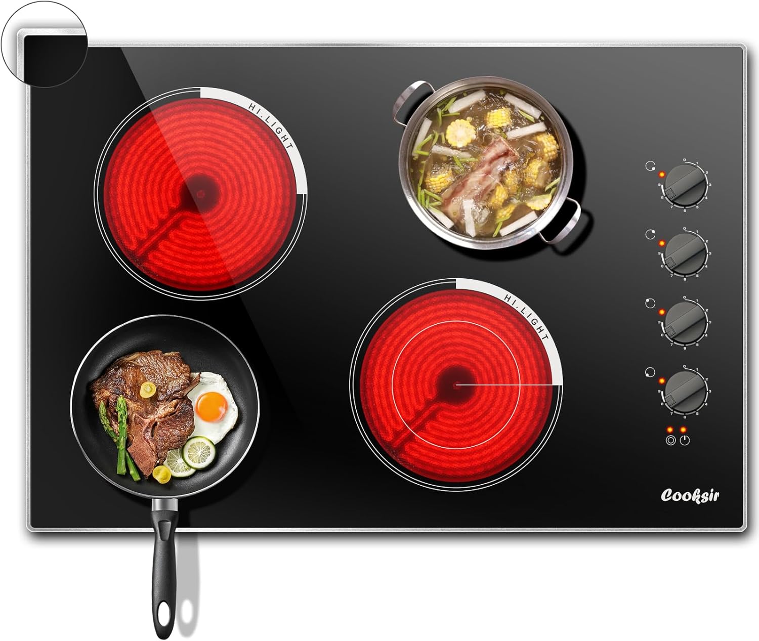 Electric Cooktop 30 Inch, 7400W Built-in Electric Stove Top 4 Burner, 220-240V Ceramic Hob with Glass Protection Metal Frame, Knob Control, 9 Power Level, Wiring Required, No Plug Electric Cooktop 30 Inch, 7400W Built-in Electric Stove Top 4 Burner, 220-240V Ceramic Hob with Glass Protection Metal Frame, Knob Control, 9 Power Level, Wiring Required, No Plug