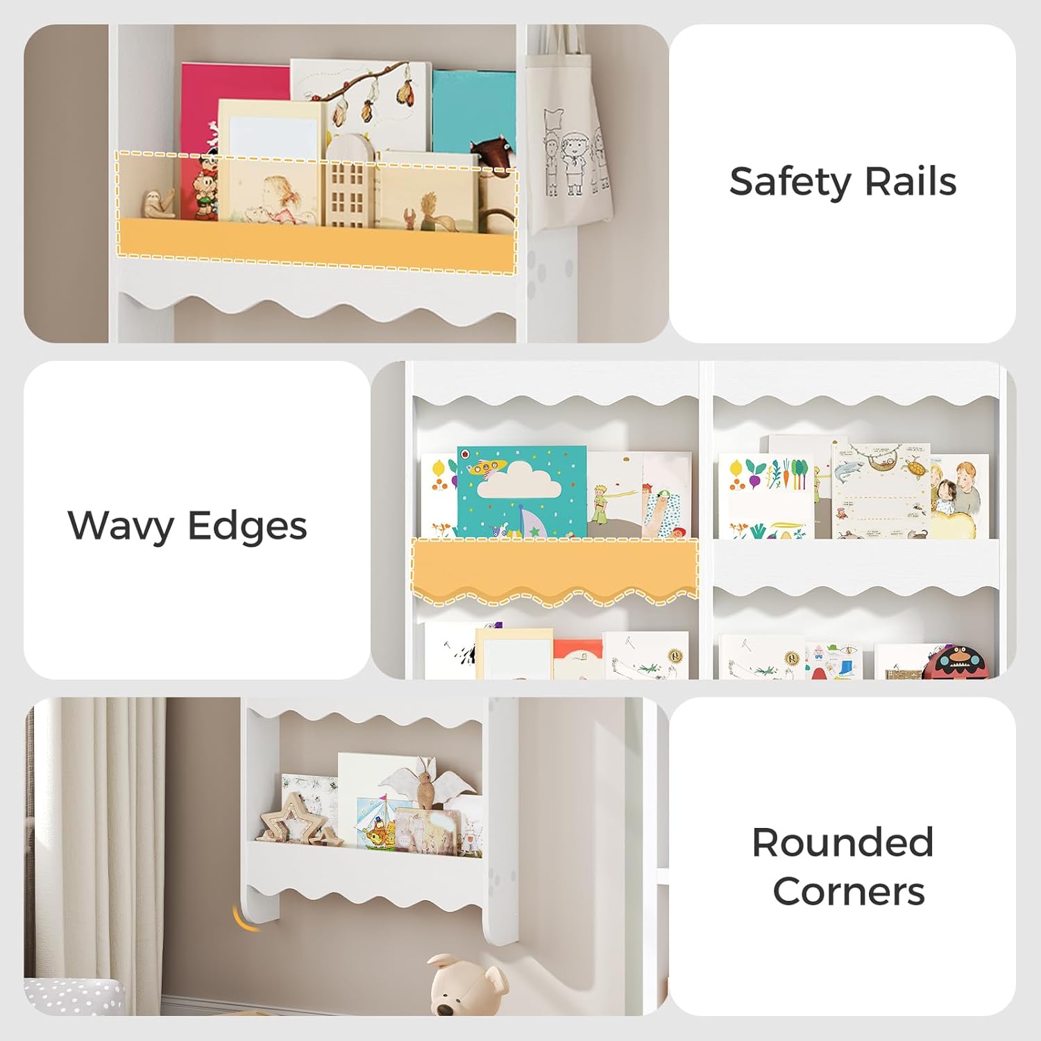 MAHANCRIS Kids Bookshelf, 3-Tier Wall Mounted Bookshelf, Wooden Behind The Door Book Storage, Hanging Book Shelf for Kids Room, Playroom, Bedroom, Nursery, White KBWT8701