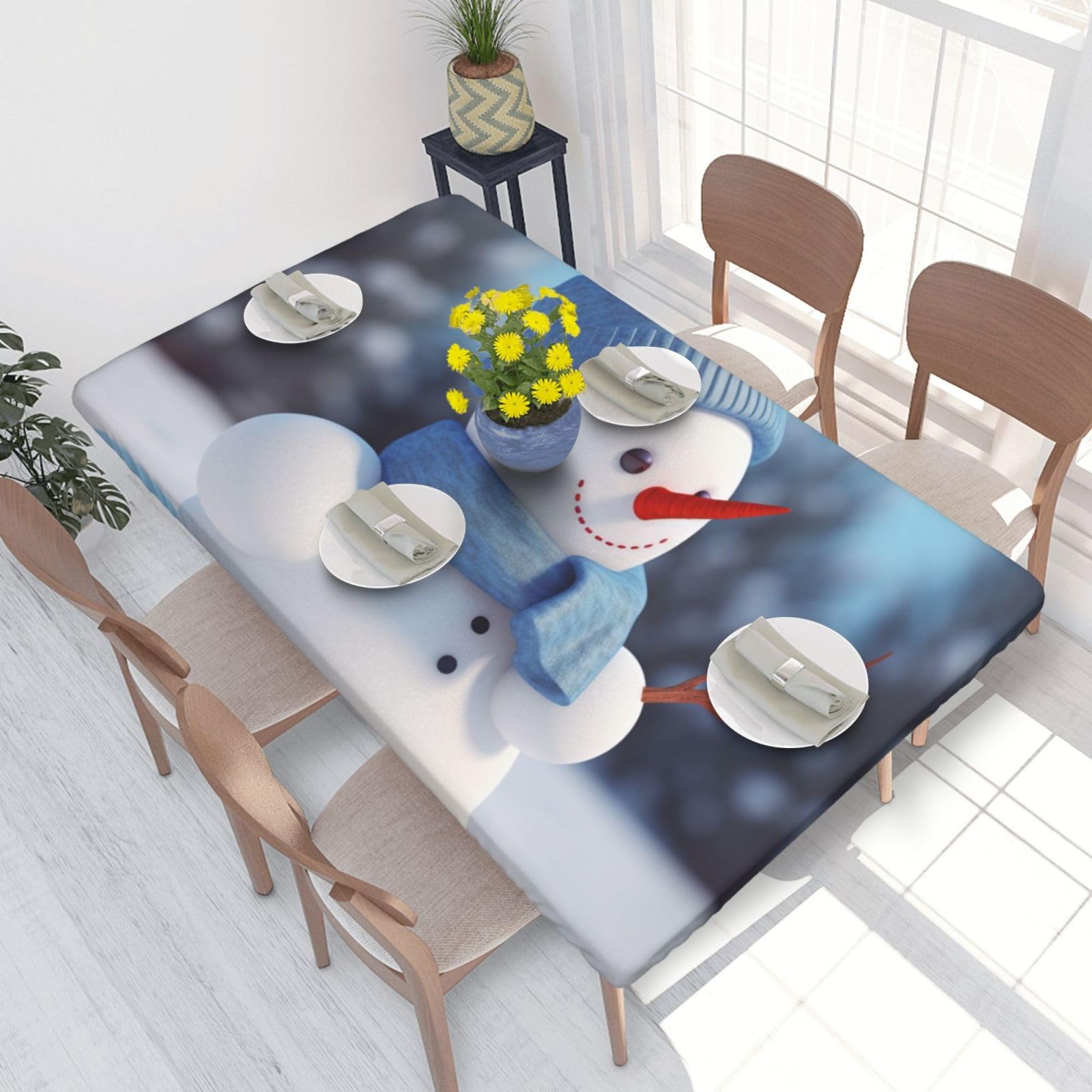 DCARSETCV Cute Snowman Printed 4FT Waterproof Tablecloth with Elastic Edged Protect & Decor Your Table, Oil-proof Washable Table Cloth Cover for Dinner Picnic Party