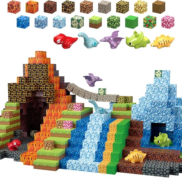 205Pcs Blocs magnétiques Ensemble de bâtiments Dinosaur, 1 Blocs de construction magnétique de pouce Magnet Dinosaur Construction jeu de jouets Magnet Constructions Stacking Sensory STEM Jouets pour les jeunes filles