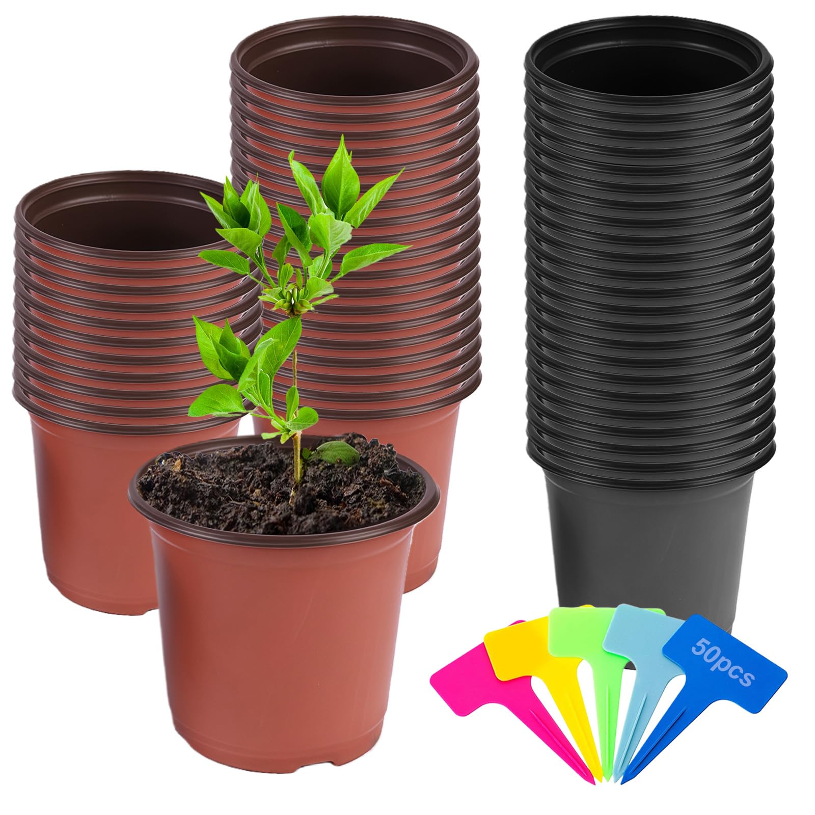 ANBET 102 Pcs Plastic Plant Pots, Seedling Pots with Drainage Holes, 10CM Plant Pots & 50 Pcs Plants Labels Small Plant Pots for Seedlings Flowers, Vegetable, Succulent Vegetable