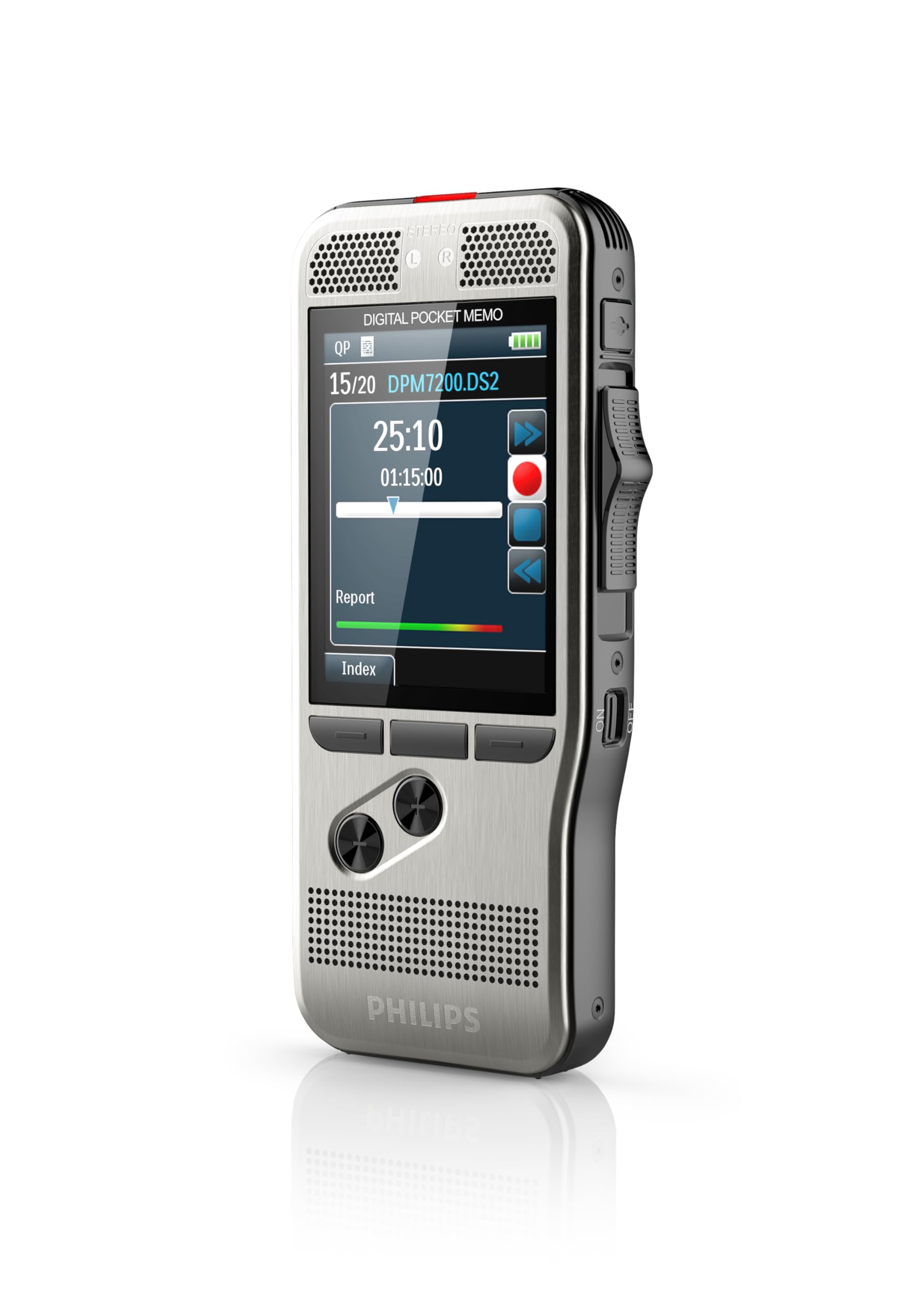 Philips Pocket Memo Digitales Diktiergerät DPM7200 Schiebeschalter-Bedienung, 2 Mikrofone für Stereo-Tonaufnahmen, Farbdisplay, Edelstahlgehäuse, inkl. Diktiersoftware SpeechExec Basic 2-Jahres-ABO