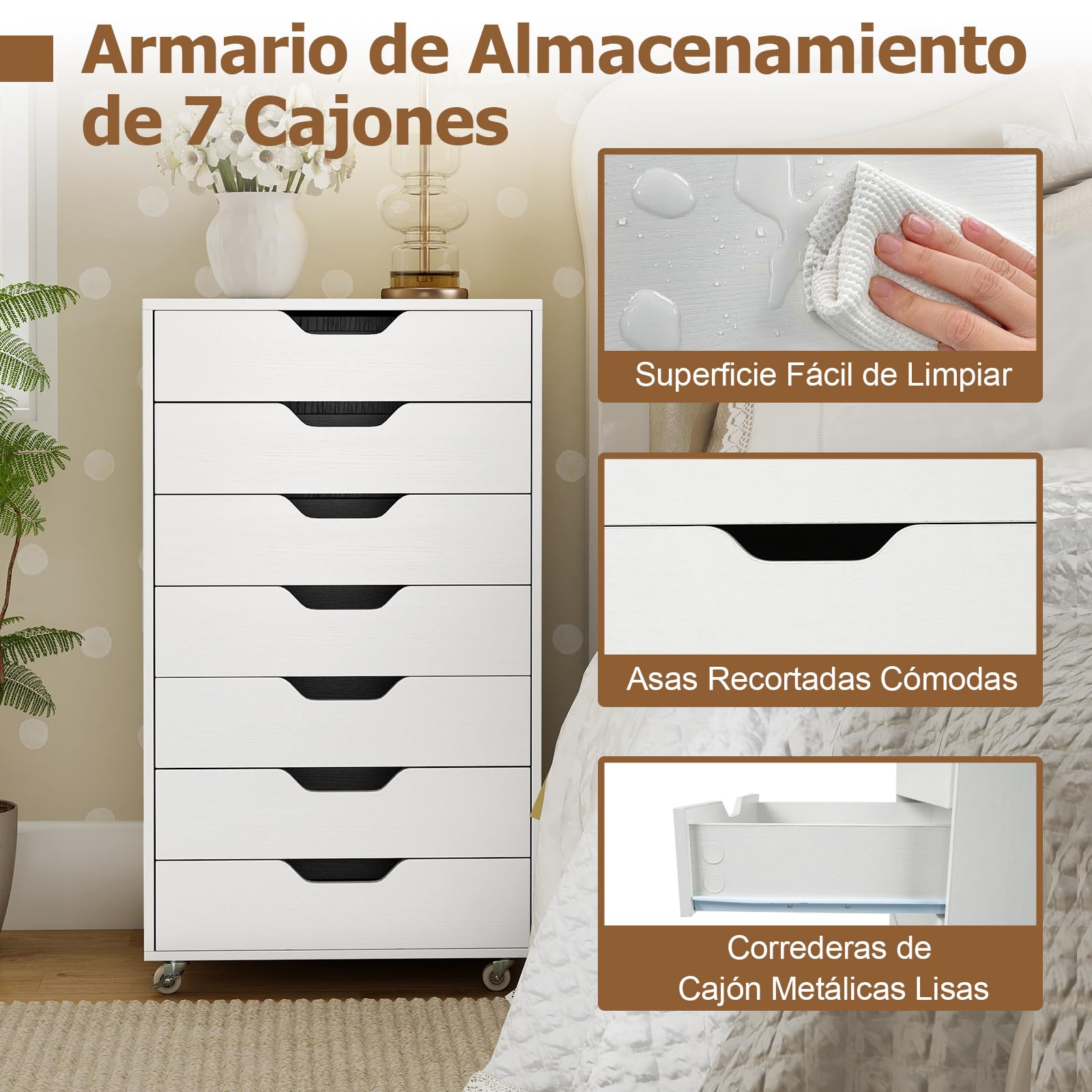 COSTWAY Cajonera Escritorio con Ruedas, 49x40x87 cm, Cajonera Oficina Móvil con 7 Cajones, Archivador Móvil de Madera para Oficina, Estudio, Salón, Dormitorio, Armario de Almacenamiento (Blanco)