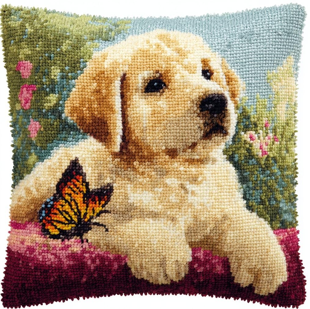 AxiangziK DIY Latch Hook Pillow Set 43x43cm,Golden Retriever and Butterfly