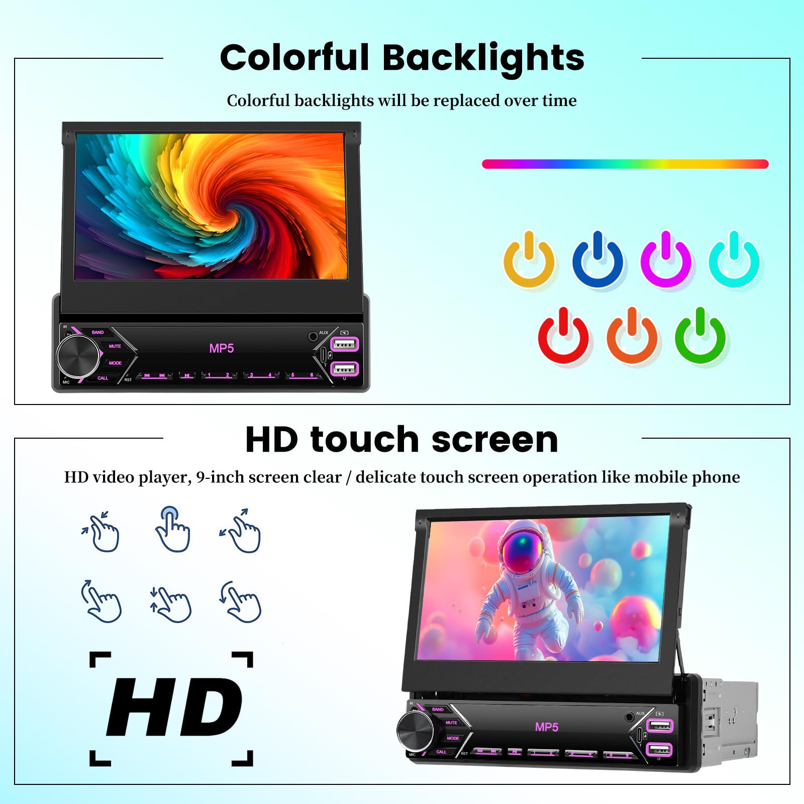 Autoradio 1 DIN Bluetooth, Schermo Retrattile da 7 Pollici Touchscreen Auto Stereo Mirror Link FM RDS USB Type-C AUX Microfono Telecamera di Backup