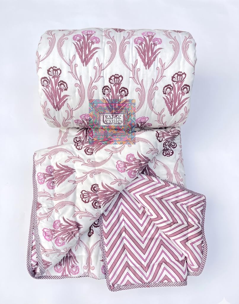 TEXTARA Textiles Jaipuri Rajasthani Traditional Print Pure Cotton Single Bed Soft Jaipuri Razai Floral Print - Pink, (55X85 Inches)-image-18