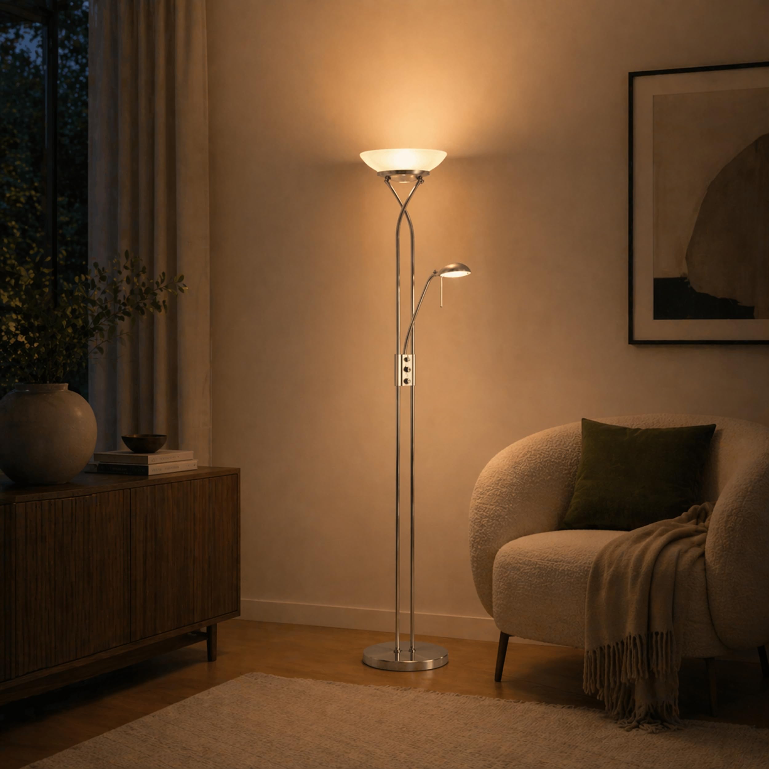 Lightbox LED Deckenfluter mit warmweißem Licht - Stehleuchte mit einstellbarem Lesearm und Drehdimmer - Metall/Glas Eisen/Weiß - Höhe 1,8m