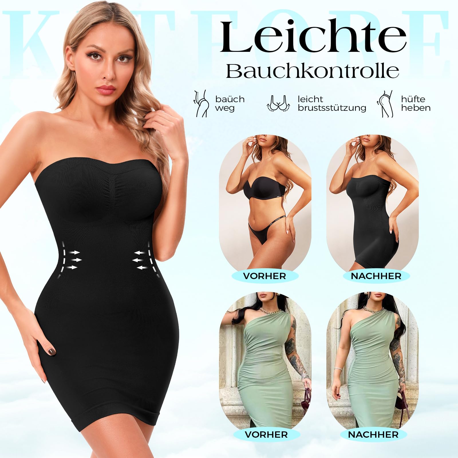 Robe gainante sans bretelles pour femme - Avec bretelles amovibles - Sans coutures - Culotte intégrale