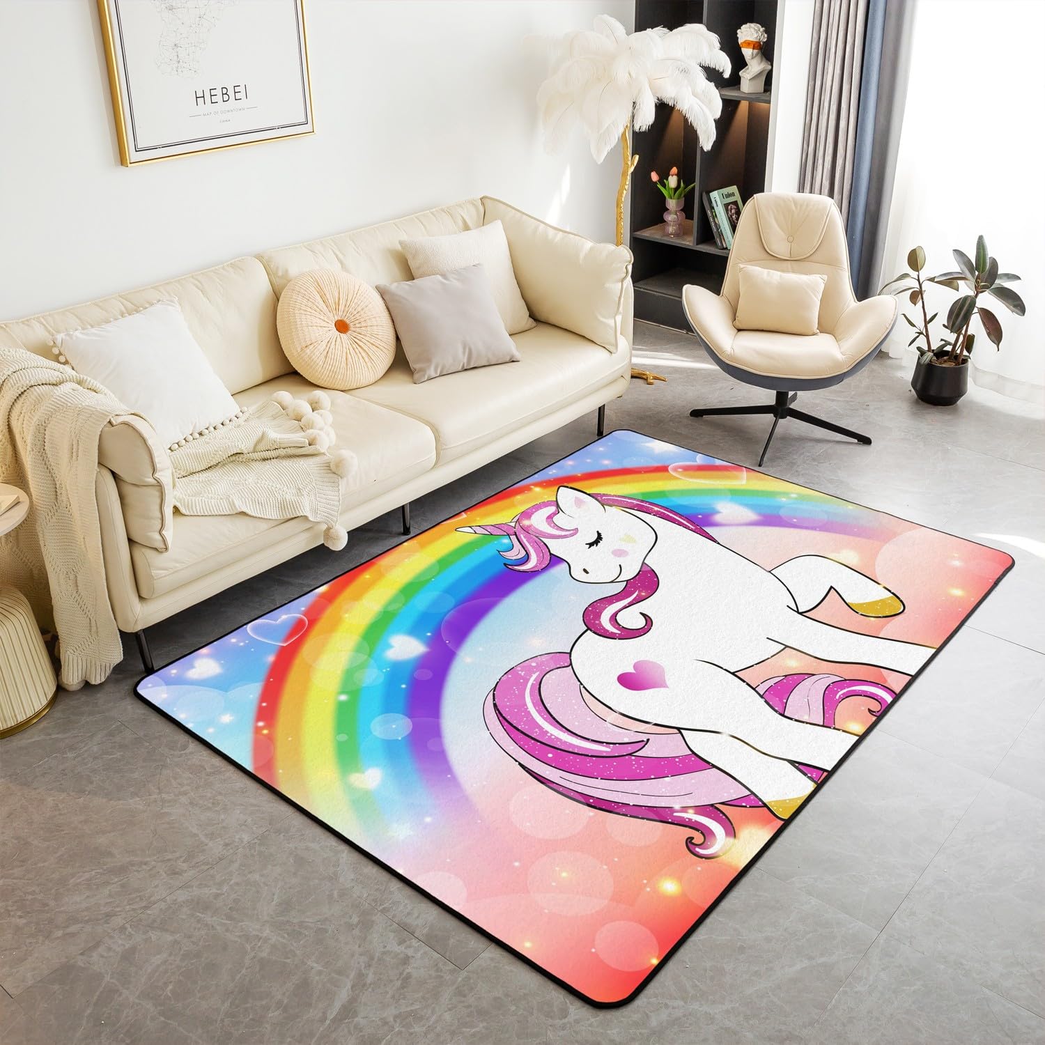 Unicorn Area Rug 3x5, Rainbow Rug for Girls Kids, Cute Unicorn Animal Non Slip Carpet, Purple Red Kawaii Horse Glitter Stars Cartoon Heart Pattern Decorative Rug for Living Room