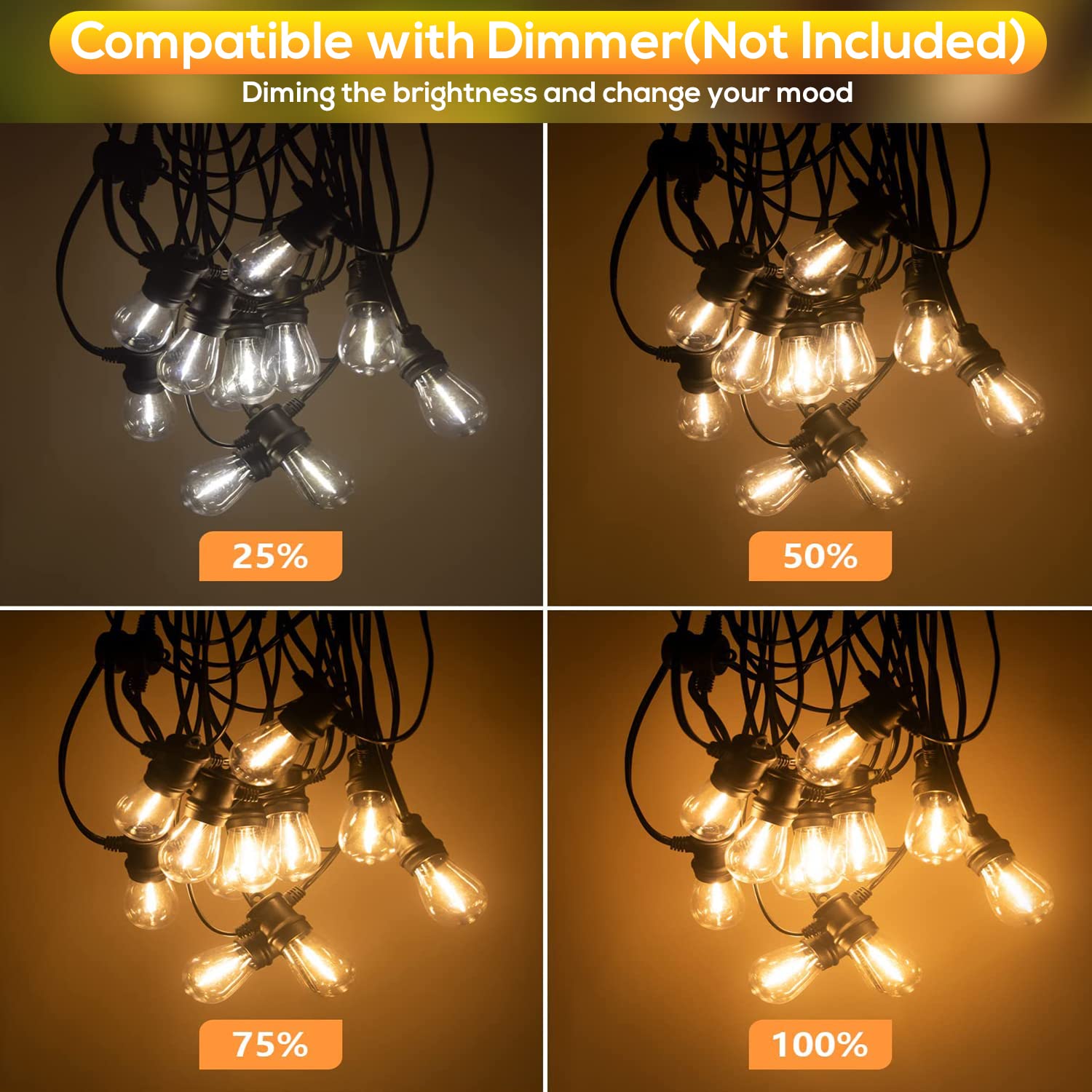 FMART LED Outdoor String Lights, 100FT Hanging Lights Dimmable Commercial Grade UL ETL Listed Waterproof, 2X15 Sockets 1W 2700K Shatterproof Edison S14 Bulbs(2 Spare) Heavy Duty