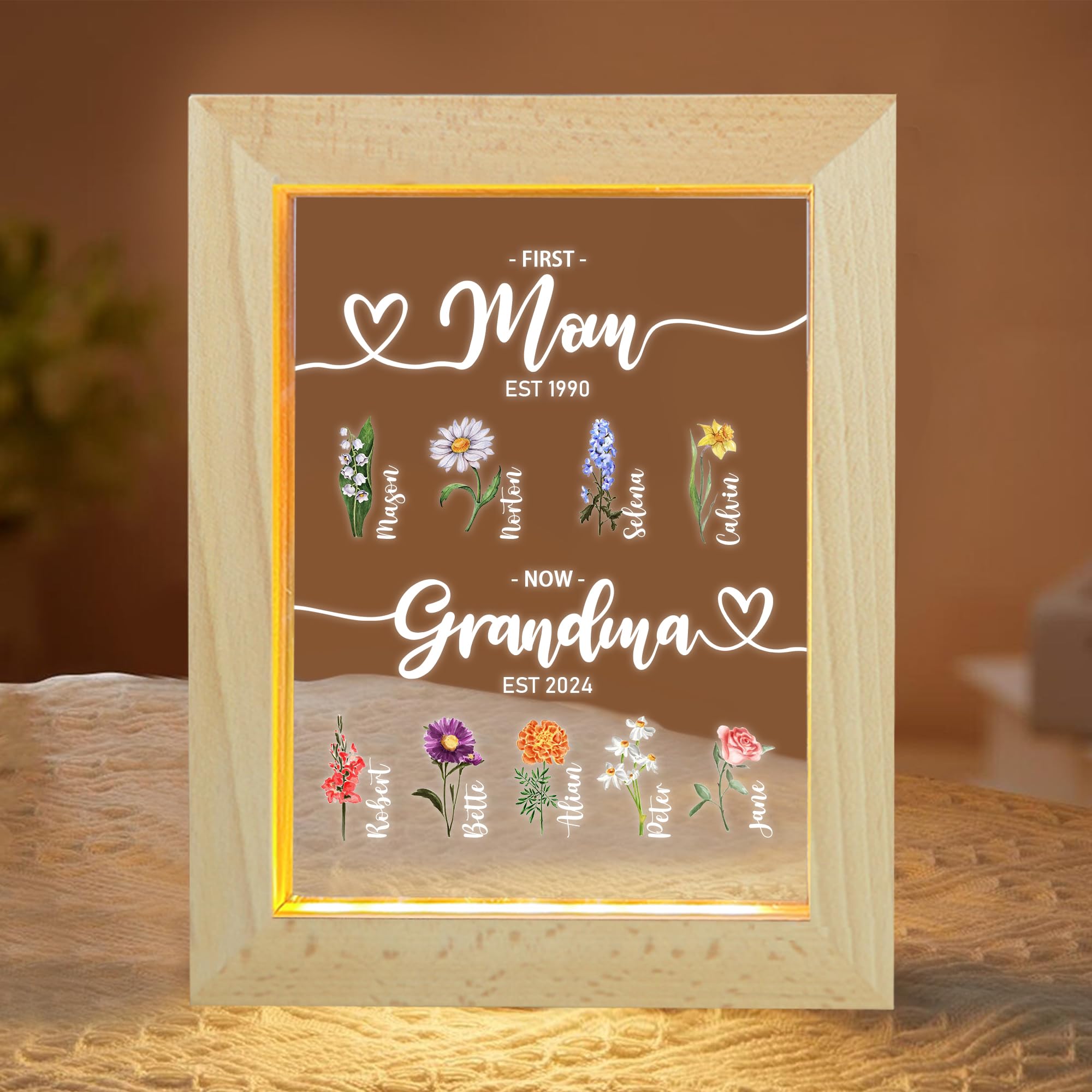 BFHEFGSUU Personalised First Mom Now Grandma Night Light Custom 1-10 Names Birth Month Flower Grandma's Garden Sign Family Acrylic Lamp Romantic Gift for Grandma Mothers Day Birthday (Style 18)