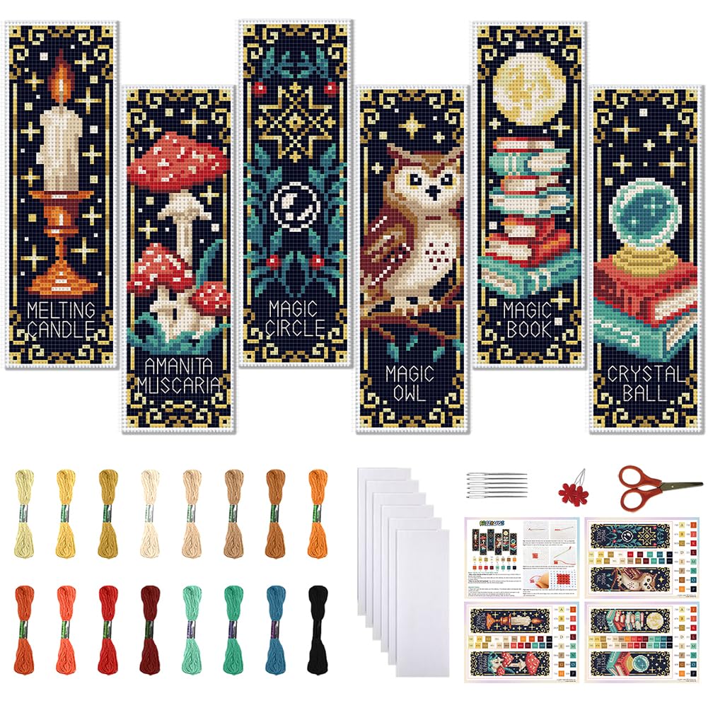 FREEBLOSS 6 Sets 11CT Cross Stitch Bookmark Kit for Adult Beginners Retro Divination Stamped Cross Stitch Kits Embroidery Bookmarks Kit with Instructions DIY Crossstitch Kits for Gift 8x2.4inch