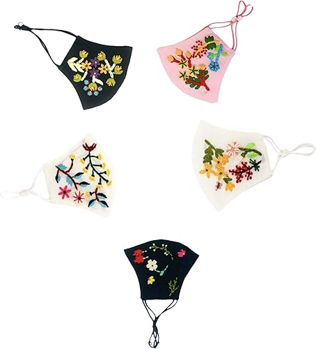 Tam Creatio - Mascarilla facial 100% algodón bordada a mano, cómoda, ajustable, fresca, transpirable y lavable, paquete de 5 diseños al azar