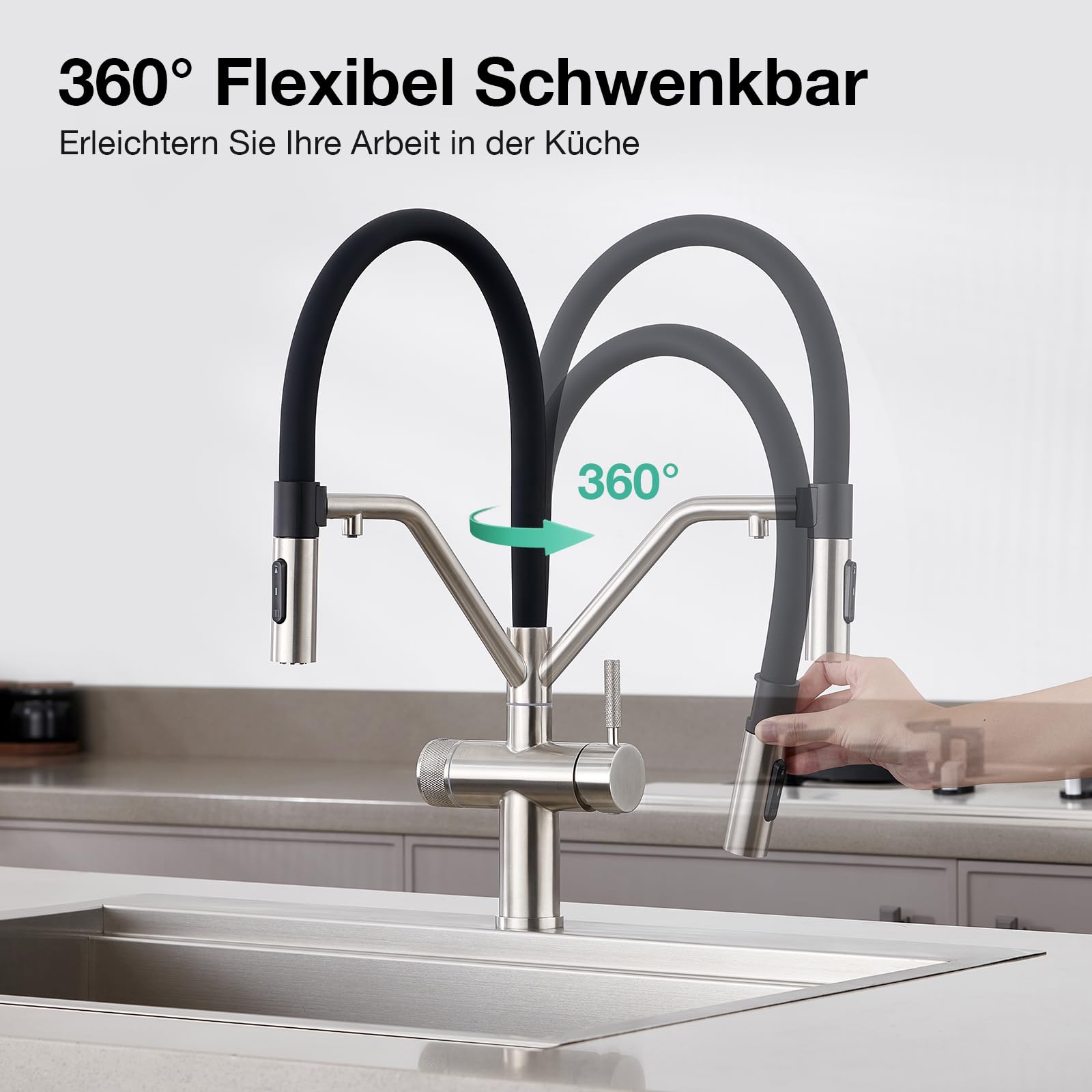 Faustina 4 Wege Küchenarmatur abnehmbar, Doppelhebel Armatur Wasserhahn Küche mit Trinkwasser und Sodawasser Spültischarmatur mit Schwarzer flexibler Silikon Weichschlauch