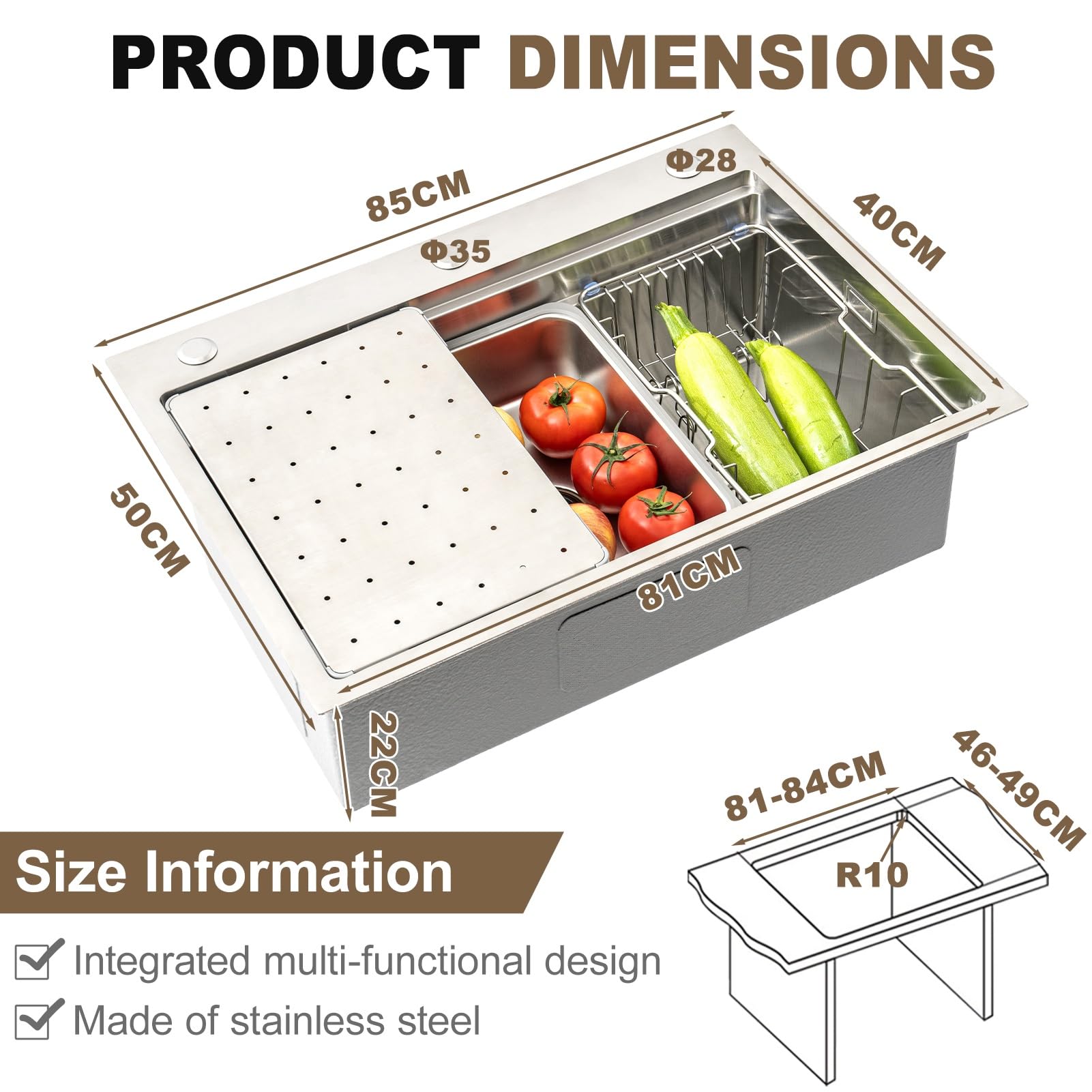 Fregadero de Cocina Profesional 85x50 de Acero Inoxidable con Revestimiento Nano, Seno Único Profundo 22cm, Diseño Artesanal Extra Grande con Colador y Accesorios de Desagüe.