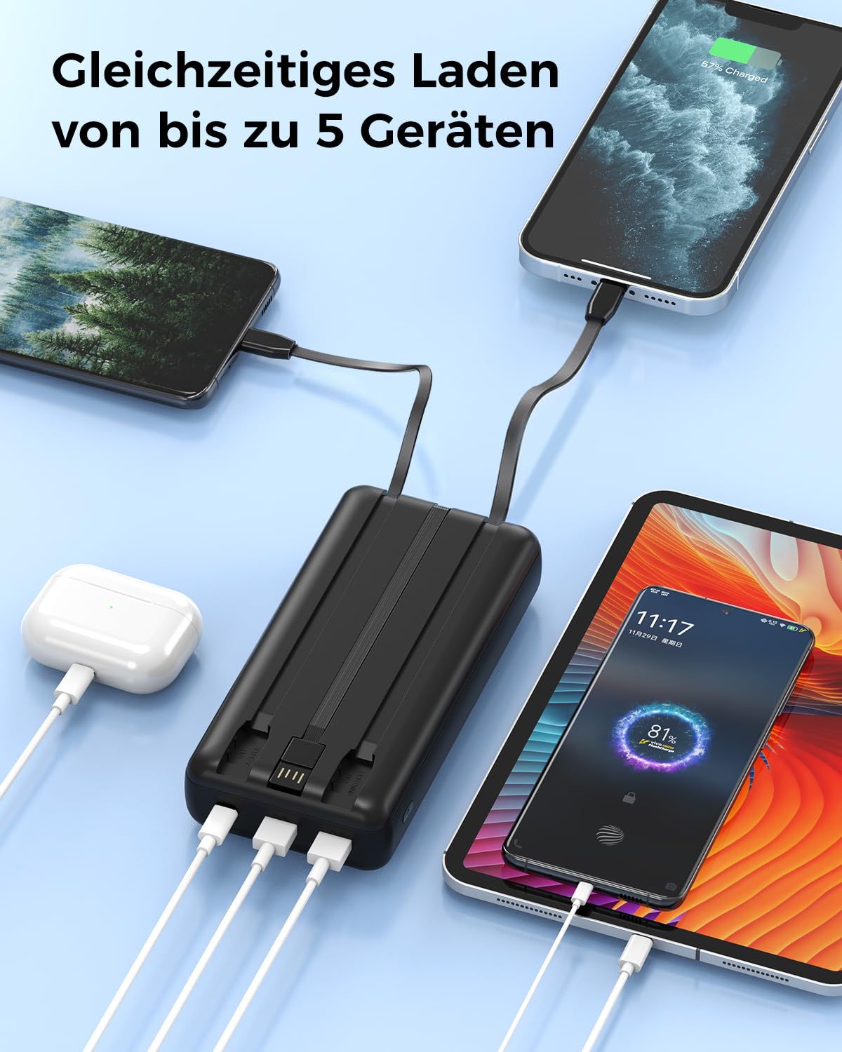 DRMARE - Power Bank 50000mAh con PD-20W e cavi integrati - 5 uscite e 2 ingressi, display LED - Alimentazione portatile per modelli iPhone 15/14/13 Pro ecc.