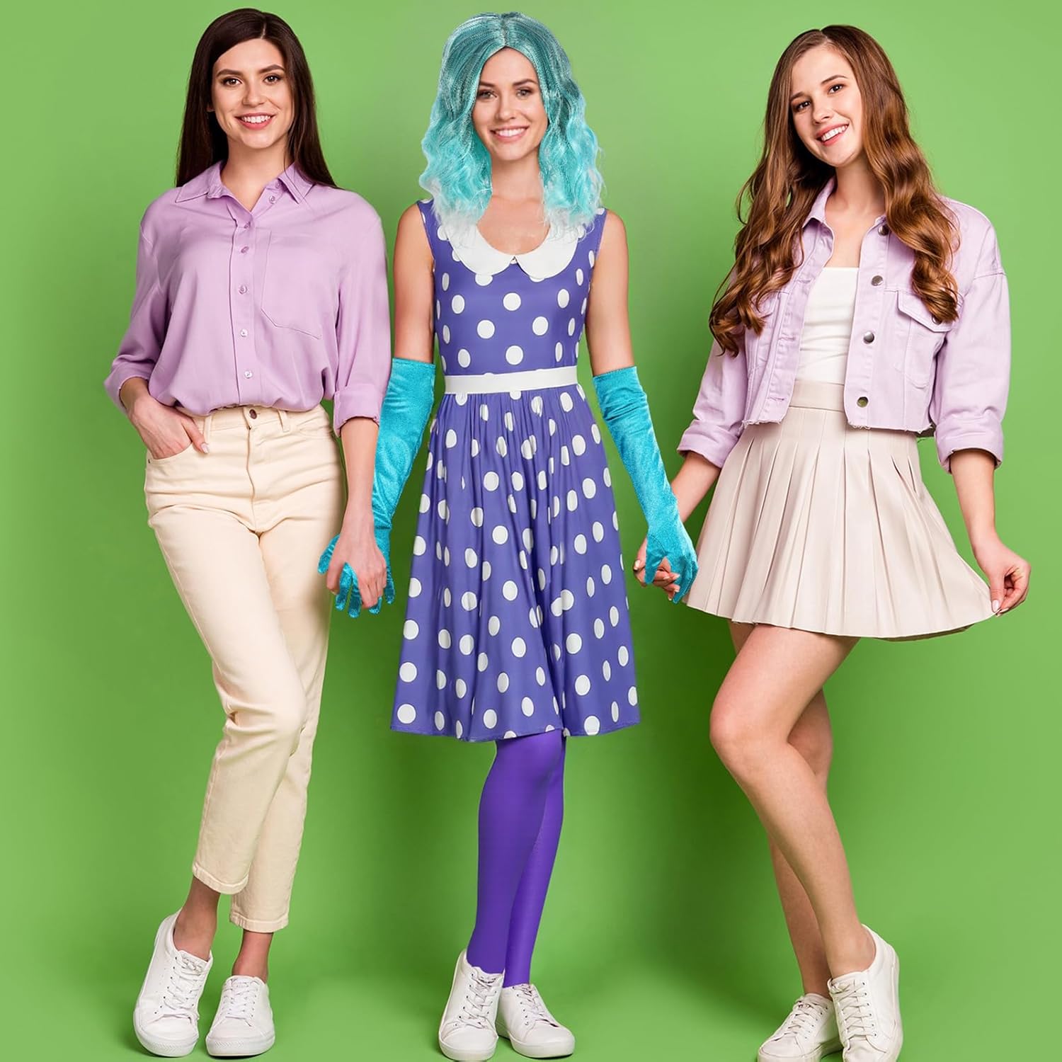 Chuangdi 4 Pcs Halloween Inside Costume Purple Dot Dress Turquoise Curly Wig Gloves Stockings for Women Cosplay Party