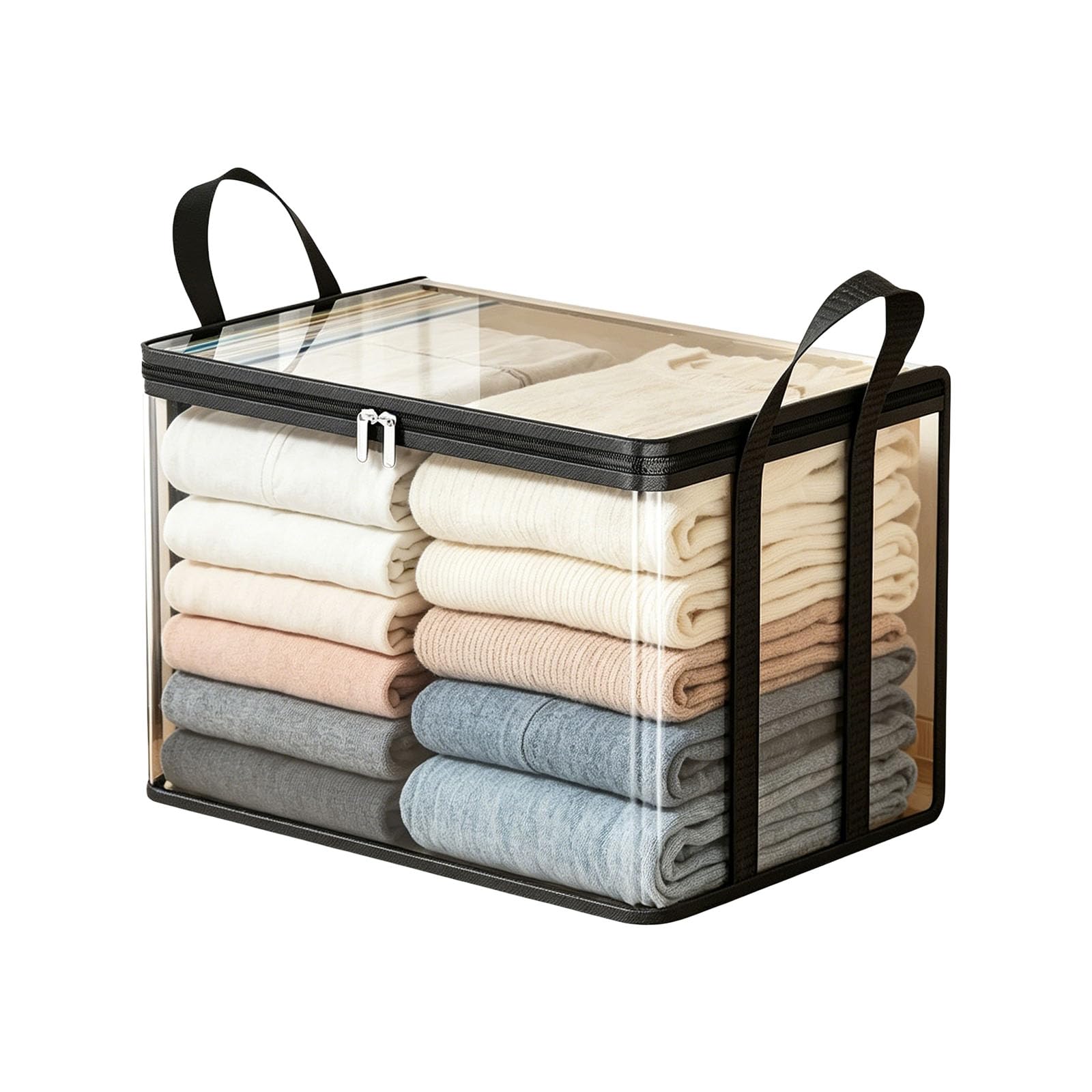 Large Heavy-Duty Clear Plastic Storage Bag for Clothes – Thick Durable Moving & Storage Organizer with Reinforced Handles, Foldable & Stackable for Home (Black)