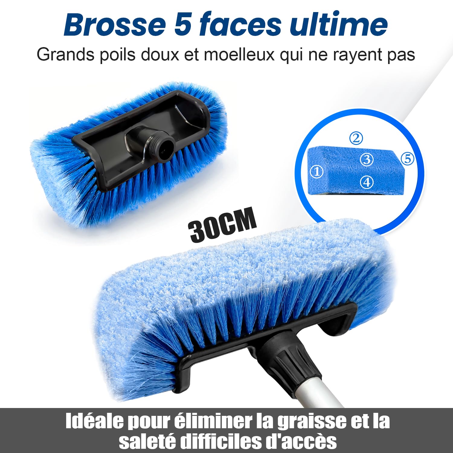 160cm Brosse de lavage auto long manche, raccord de tuyau interrupteur | 30cm poils souples, extensible manche, pour voiture, car, SUV, camion, bateau, façade maison, Bleu